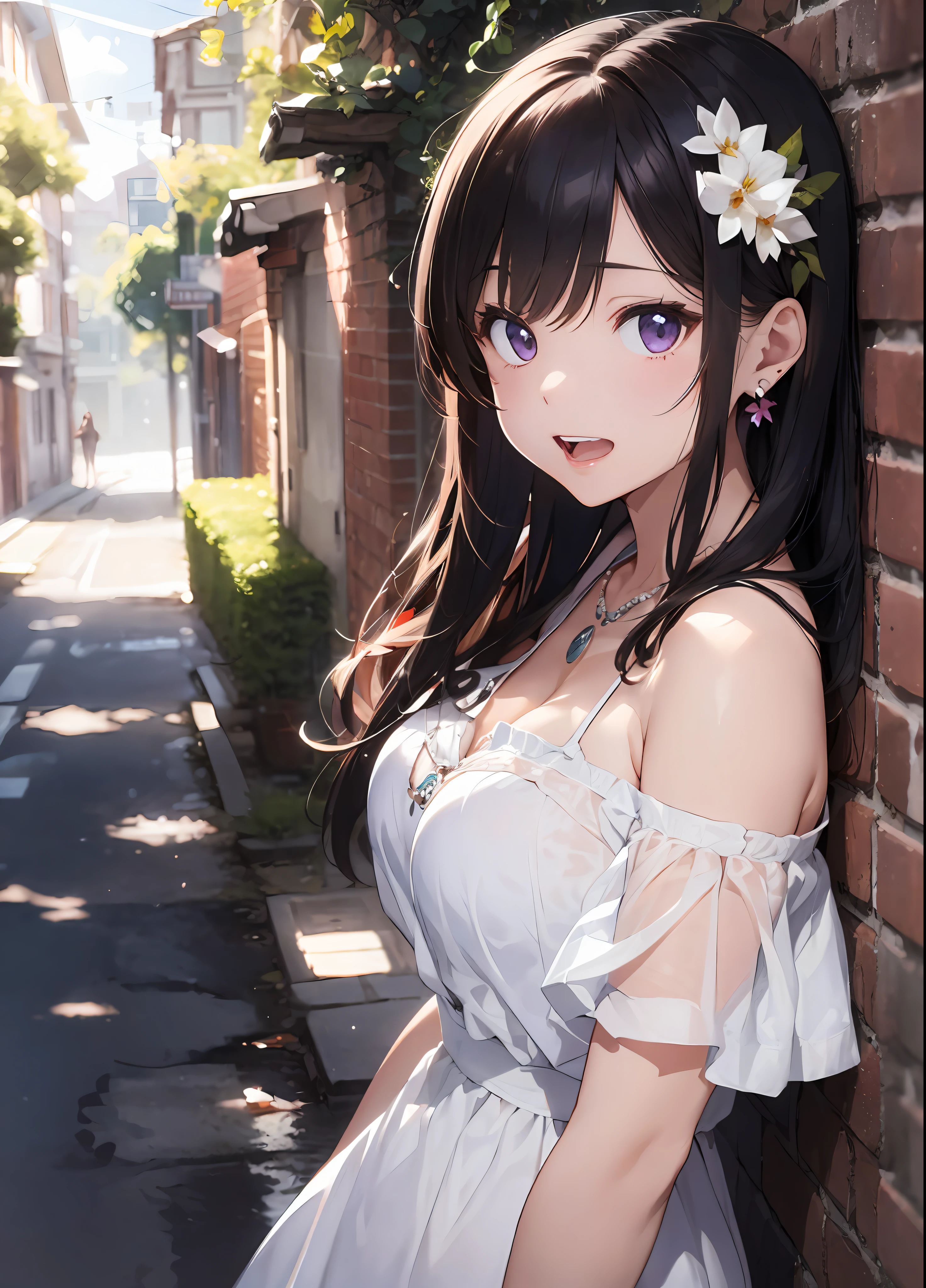 Beautuful Women、(top-quality、in 8K、32K、masterpiece、nffsw:1.3)、(Photorealsitic:1.4)、Detailed skin、Big laugh、Elegance、top grade、Sunglare、lensflare、Detailed shading by sunlight、depth of fields、blurry backround、( White off-the-shoulder dress)、Wisteria shelf、Wisteria flower background、ear ornament、lady's、a necklace、(A sexy:1.2)、breastsout、