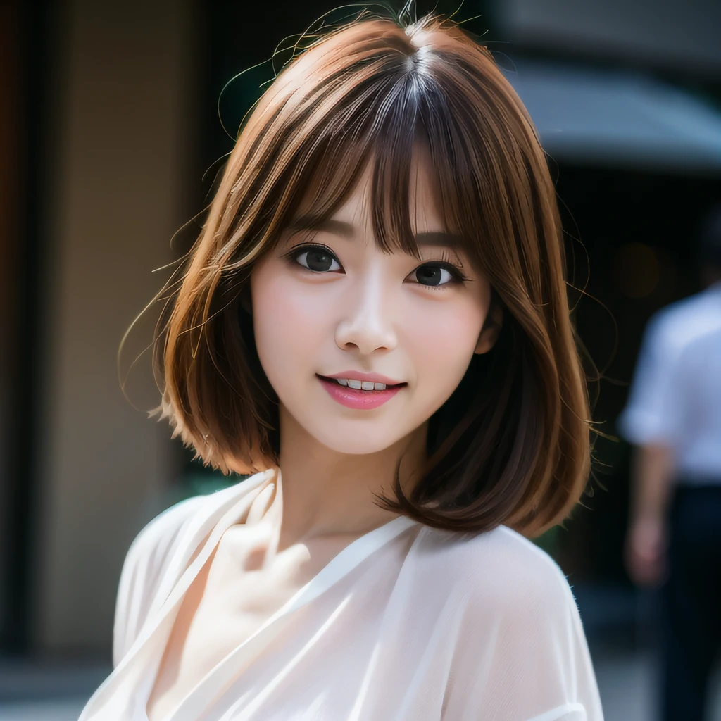 Best Quality, masutepiece, 超A high resolution, (photographrealistic:1.4), 1人の女性, Looking at Viewer, In the streets of Tokyo, shoulder length hair, in a white shirt, Cute Japan actress, beautiful japanese female, Portrait of female Japan idols, Beautiful young Japan woman
