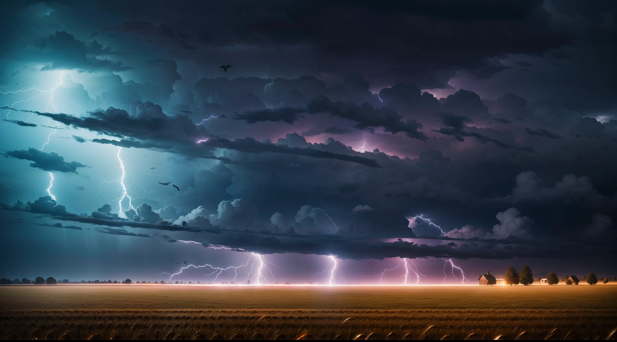 It rained heavily at night,On an empty wheat field,A flash of lightning flashed,Storm, rain, lightning,A large flock of crows hovers around the haystacks,a realistic style,character splash art,Ultra photo realsisim,hyper HD,8K