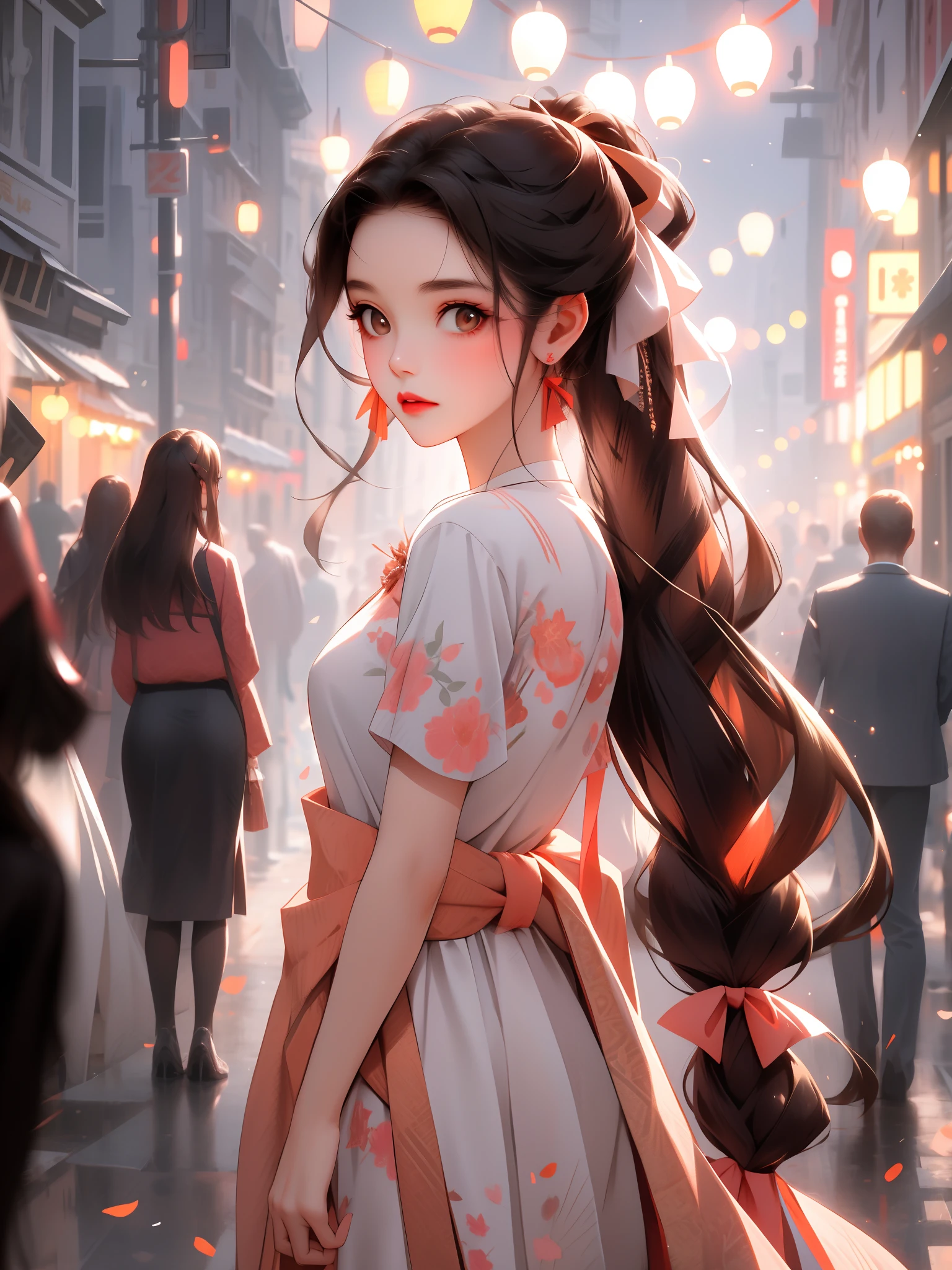 Best quality, Masterpiece,Half body,,1girll,(Face focus:1.2), Brown hair, Long hair,Brown eyes, Hair between the eyebrows,,ribbon,Peach dyeing,,tiered dress, White dress,Hand up,,Outdoors,parks, the street lights,ventania,,Night,