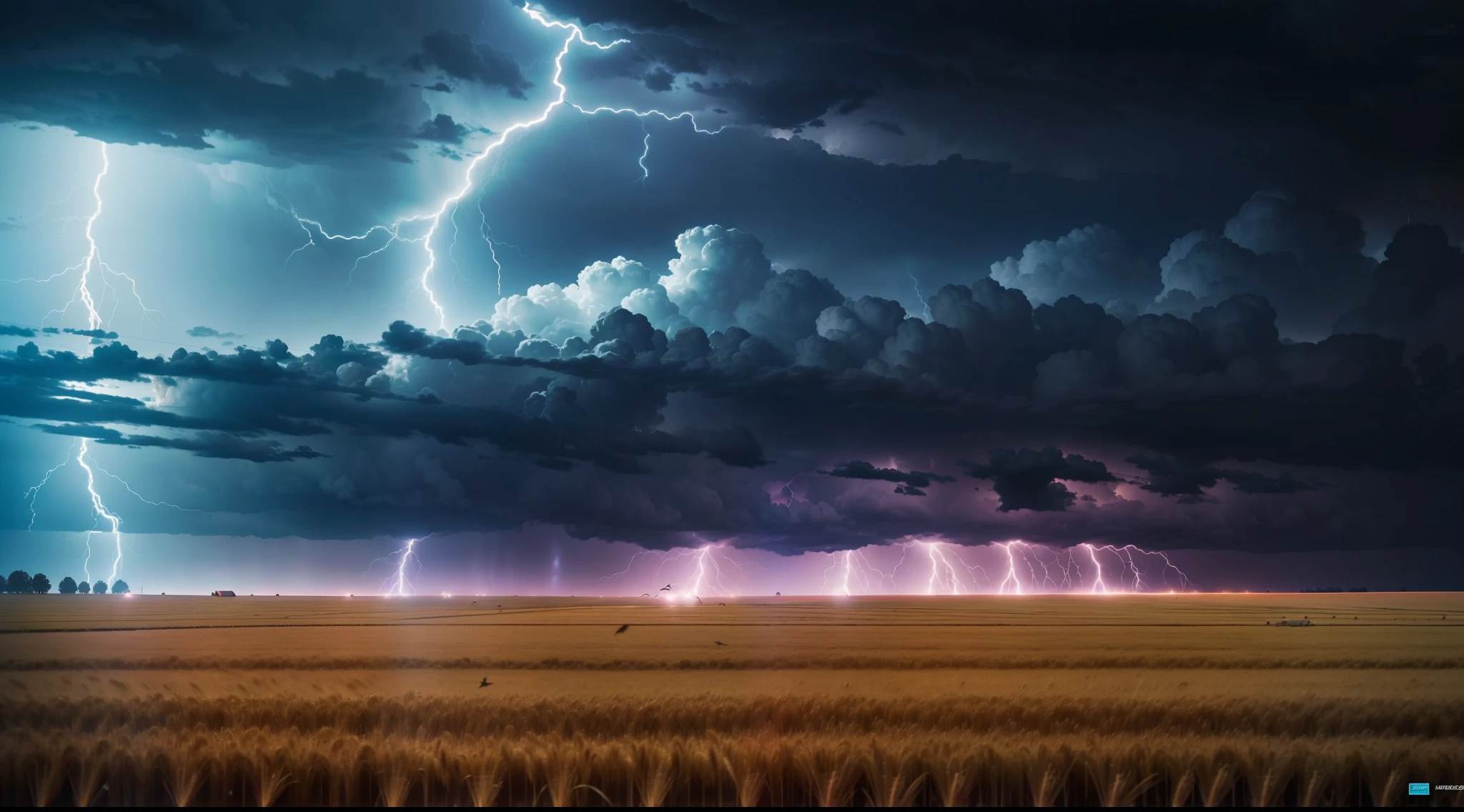 It rained heavily at night,On an empty wheat field,A flash of lightning flashed,Storm, rain, lightning,A large flock of crows hovers around the haystacks,a realistic style,character splash art,Ultra photo realsisim,hyper HD,8K