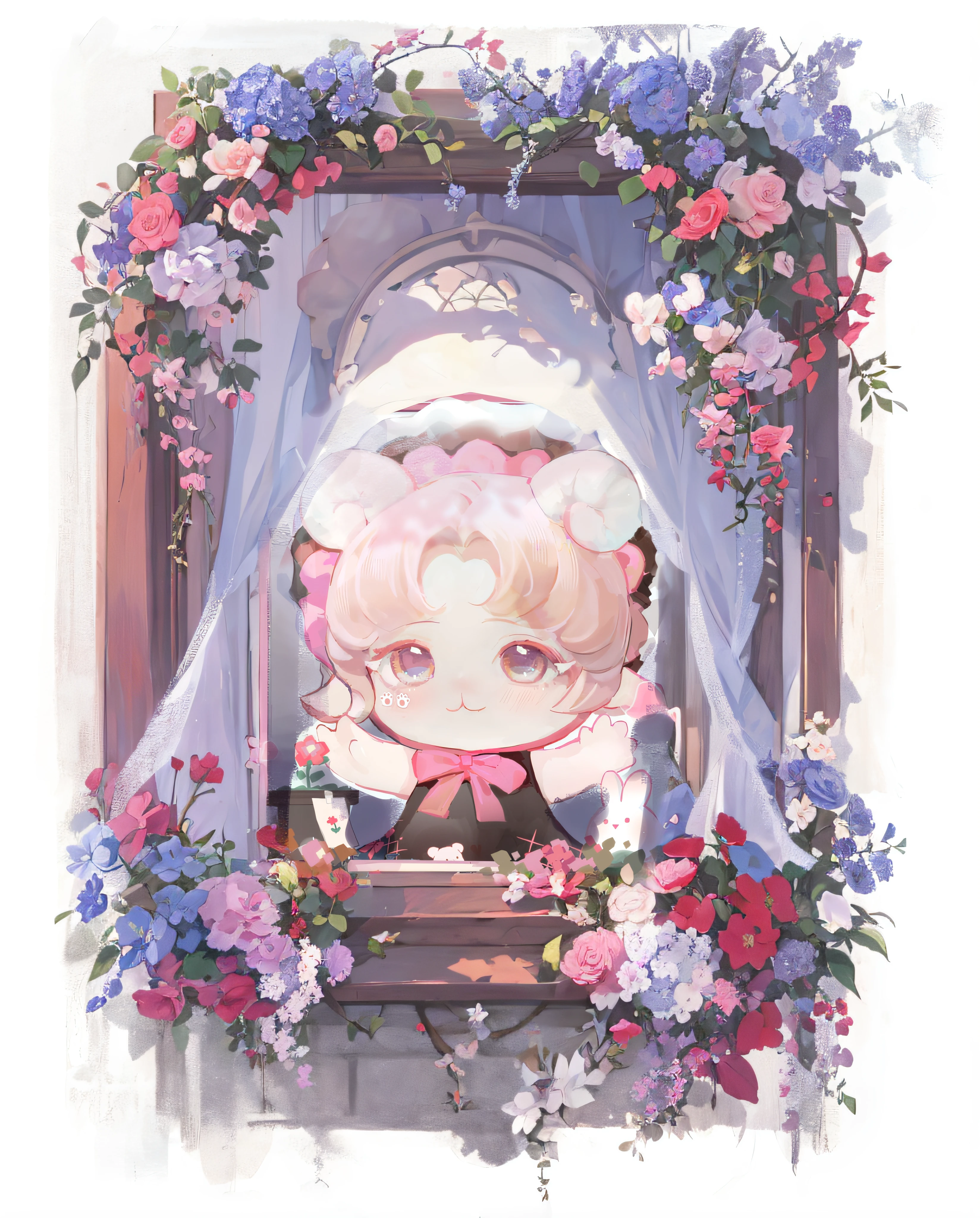 Window with flowers and magical girl portrait, Guviz, Guweiz in Pixiv ArtStation, Guviz-style artwork, Guweiz on ArtStation Pixiv, Loli, zerochan art, guweiz masterpiece, official fanart, Soft anime illustration, , lollipop,opulent,8K,Castle,borgar,opulent,Gothic,Detailed pubic hair,Gorgeous light and shadow,Rosa flowers,European