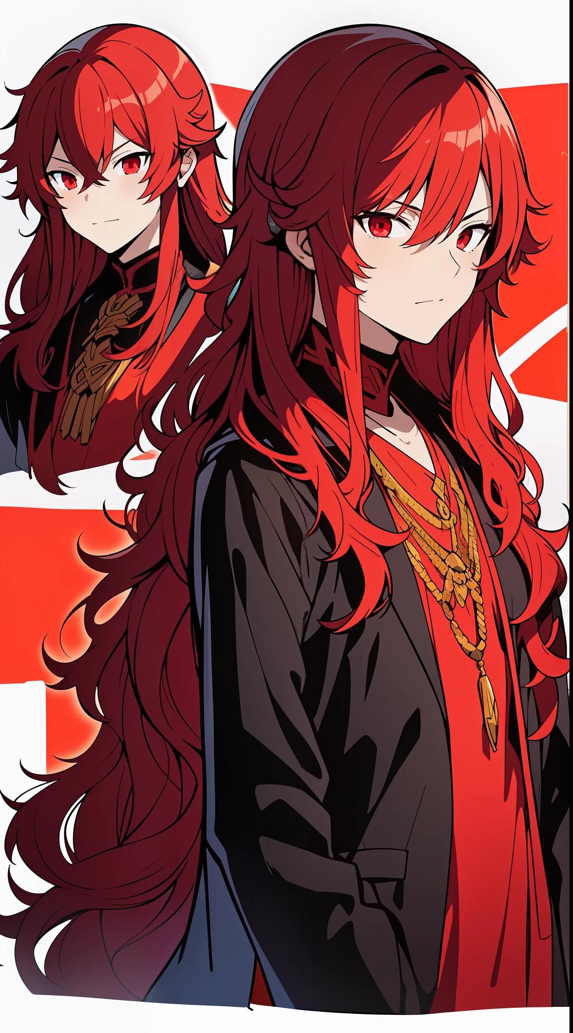 1 boy, long wavy red hair, red eyes, fire background, cold demeanor, charismatic, elegant, HD, high quality, noble, red robe, Red necklace