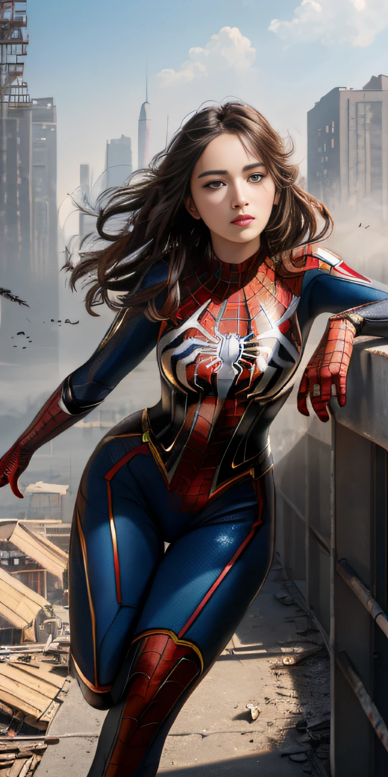 (1girl:1.3), solo, (((extremely detailed face))),(((extremely detailed eyes and face))),beautiful detailed eyes,body-parts__, official art, unified 8k wallpaper, super detailed, beautiful and aesthetic, beautiful, masterpiece, best quality, raw, masterpiece, super fine photo, best quality, super high resolution, photorealistic realism, sunlight, full body portrait, amazing beauty,, dynamic pose, delicate face, vibrant eyes, (from the front), she is wearing a Spider-man suit, red and black color scheme, spider, very detailed abandoned warehouse background, Detailed face, detailed complex busy background, messy, gorgeous, milky white, highly detailed skin, realistic skin details, visible pores, sharp focus, volumetric fog, 8k uhd, DSLR, high quality, film grain, fair skin, photo realism, lomography, huge metropolis in future dystopia, seen from below, translucent