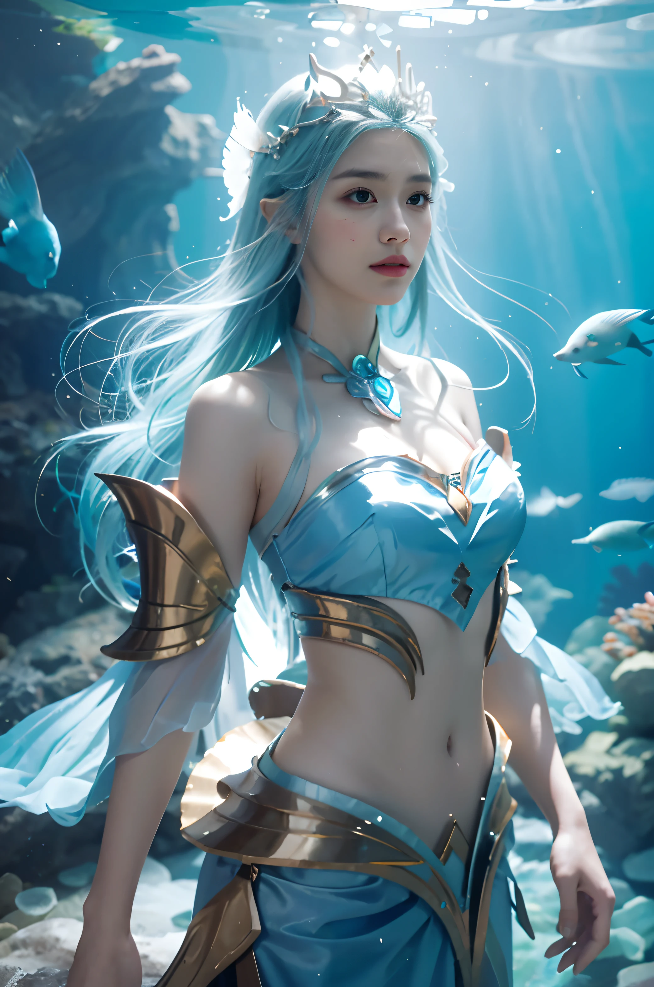 Female Mermaid、Beauty、Siren、Light blue hair、He has a transparent sleeve on his arm.、Wearing beautiful hair ornaments、Her belly button is visible
