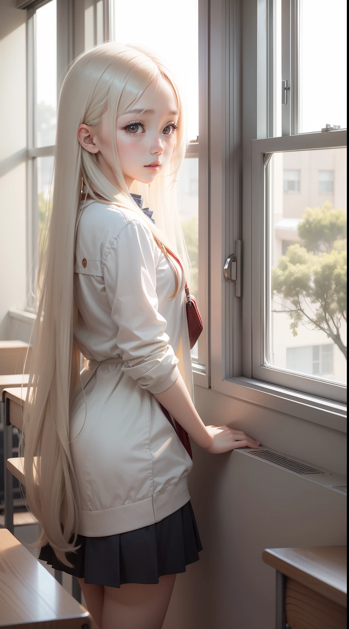 Youthful(long whitr hair)female student,Stand by the window next to the classroom。