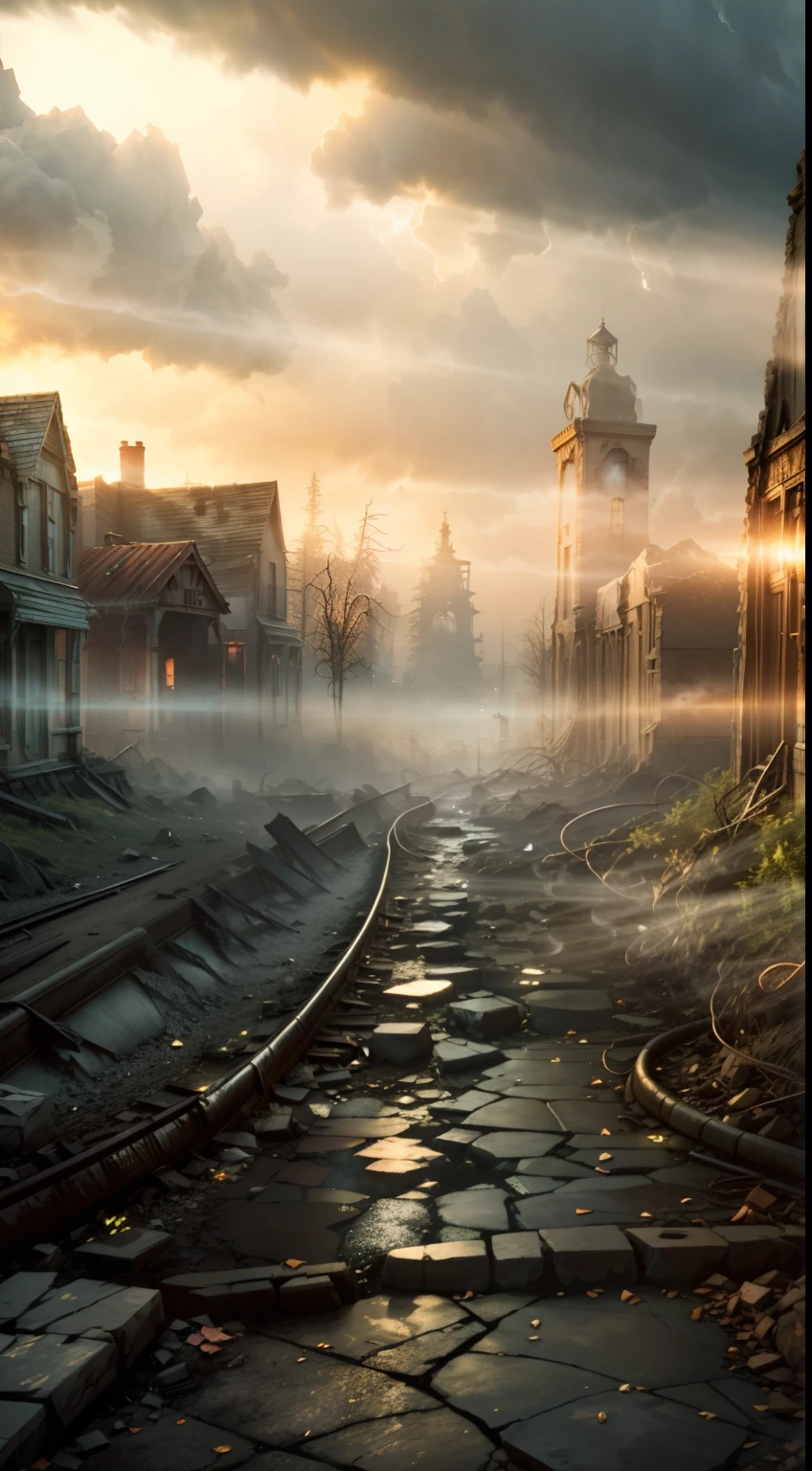 Create an 8K visual composition that captures the ghost town of Centralia as an intriguing and mysterious location. Utilisez des logiciels, Targeted light to highlight details of crumbling structures, such as cracked walls and broken windows. Add elements of smoke coming out of cracks in the ground to convey a sense of mystery and otherworldly surroundings