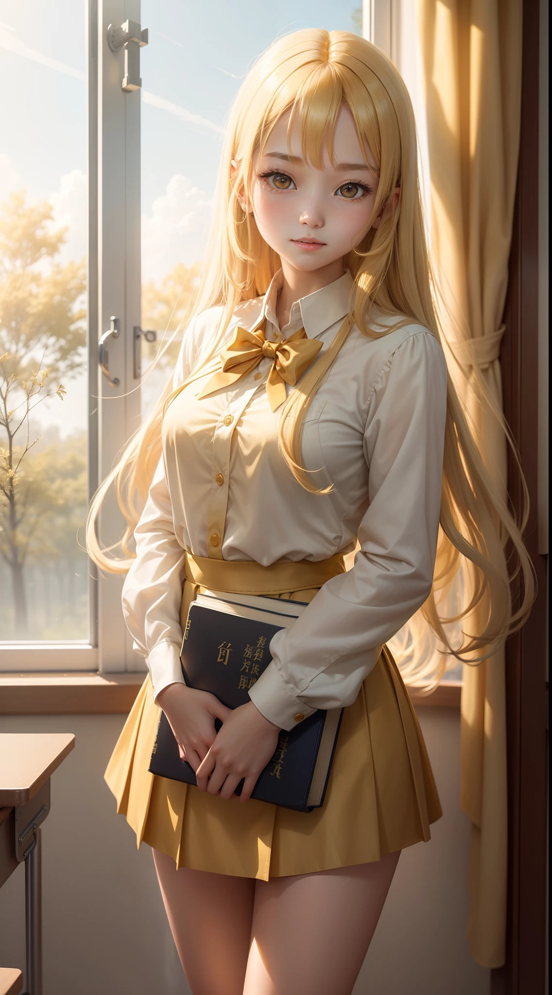 Youthful(((golden colored)))'s(long whitr hair)female student，with fair skin，There was a curious glint in his eyes。She wears a neat school uniform，The skirt swings gently。Holding a half-turned book in his hand，It seems to be thinking about what is in the book。She stood by the large window next to the classroom，Sunlight slanted down on her from the window，Outline a gold rim for her silhouette。Outside the window，Students on the playground are having fun playing，Large trees in the distance sway in the wind，A harmonious picture is formed with her。This is the moment，She seems to be a representative of youth，Full of hopes and dreams。