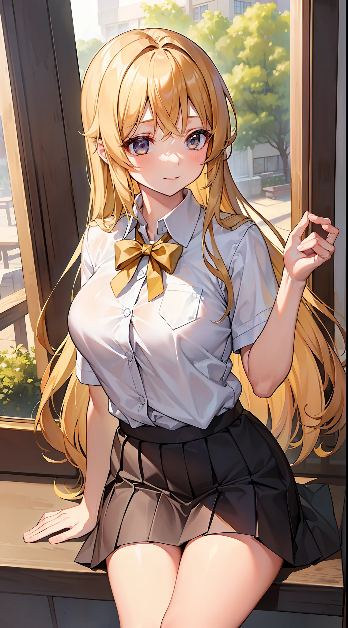 Youthful(((golden colored)))'s(long whitr hair)female student,with fair skin,There was a curious glint in his eyes。She wears a neat school uniform,The skirt swings gently。Holding a half-turned book in his hand,It seems to be thinking about what is in the book。She stood by the large window next to the classroom,Sunlight slanted down on her from the window,Outline a gold rim for her silhouette。Outside the window,Students on the playground are having fun playing,Large trees in the distance sway in the wind,A harmonious picture is formed with her。This is the moment,She seems to be a representative of youth,Full of hopes and dreams。