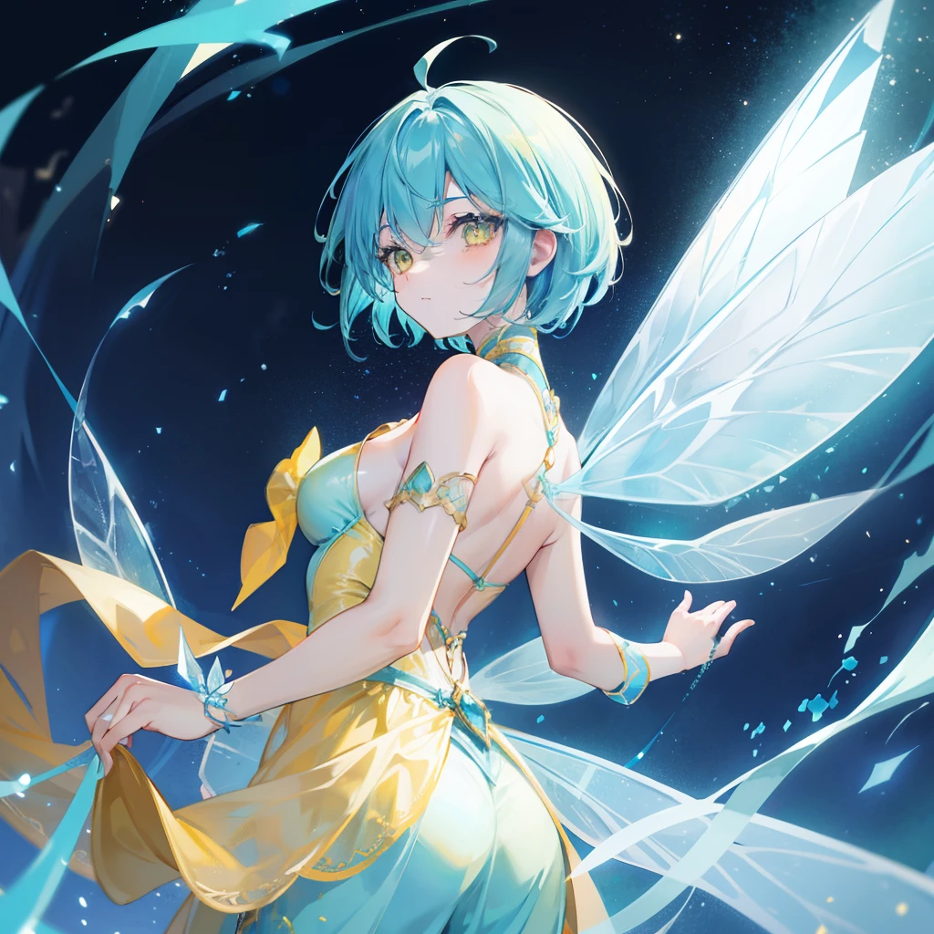 Cooler background，Shiny bluish yellow curved short hair，Big yellow eyes，Wearing a clear cyan with light yellow fairy costume，The fairy air is fluttering with a feeling of glow，Like a fairy