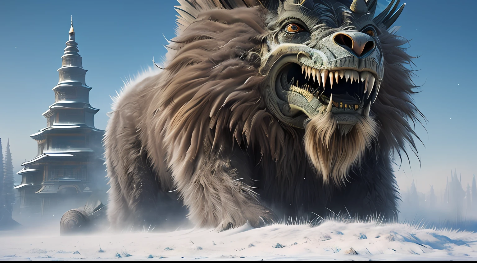 (Extreme close-up) photore (Scared:1.1) (snowfield:0.9), (tall grass:1.2), (A giant old dead alien beast:1.2), Petrified eyes,Falling snow, icing,(Pagodas, 12th century, 1.2),rays of sunshine, insanely details, Cinematic, epic realistic, Intricate details, ultra - detailed, High quality, primitive, author:Jakub Rozalski