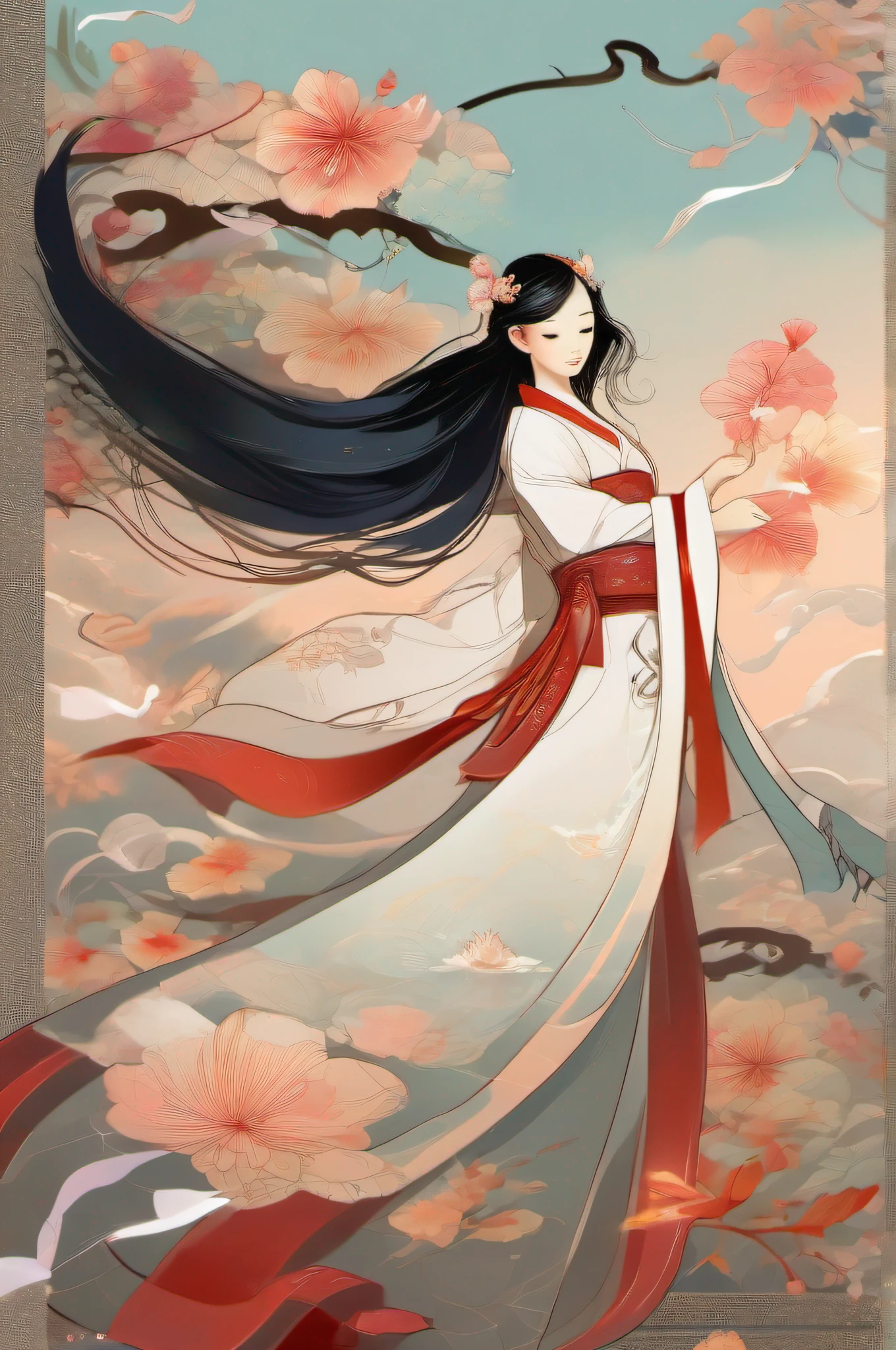 A Chinese fairy，Han Fu，Plain hand holding white hibiscus，empty。Wearing a dress made of clouds，Dragging a wide ribbon，Float lightly to heaven，flatillustration，Maximalism，matisse，China-style，Victo Ngai style，Ultra High Resolution, Ultra High Definition, Ultra HD Pictures, High Detail, Ultra Quality, High Resolution --AR 2:3--s 400--niji 5