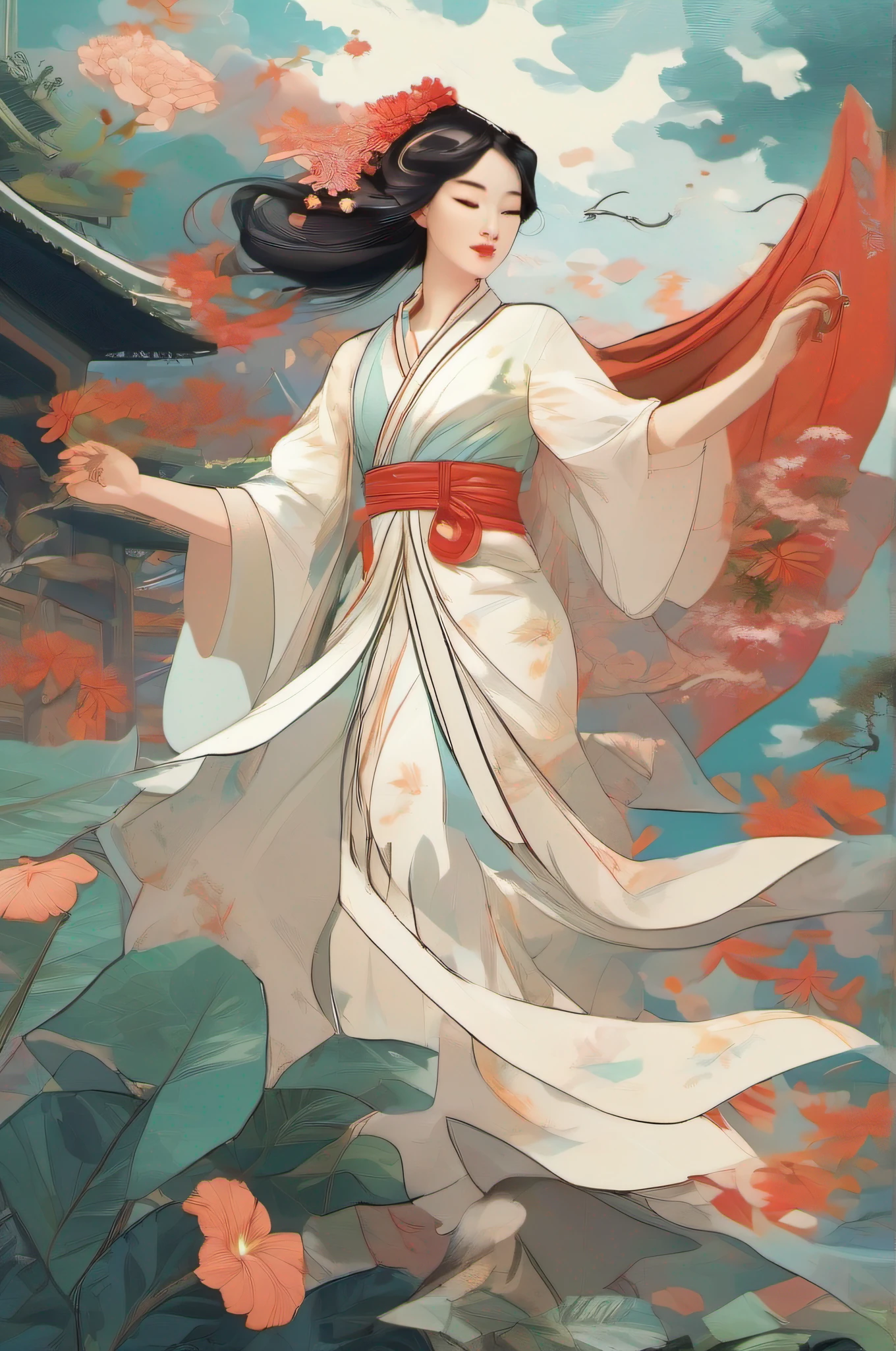 Chinese fairy,han fu,Flat hand holding white hibiscus,Empty。Wearing a skirt made of clouds,Drag to widen the ribbon,Fluttering lightly to heaven,flatillustration,Maximalism,matisse,China-style,victo ngai style,超高分辨率, hyper HD, Ultra HD pictures, High detail, hyper qualit, High resolution --AR 2:3 inch 400 - Niggie 5