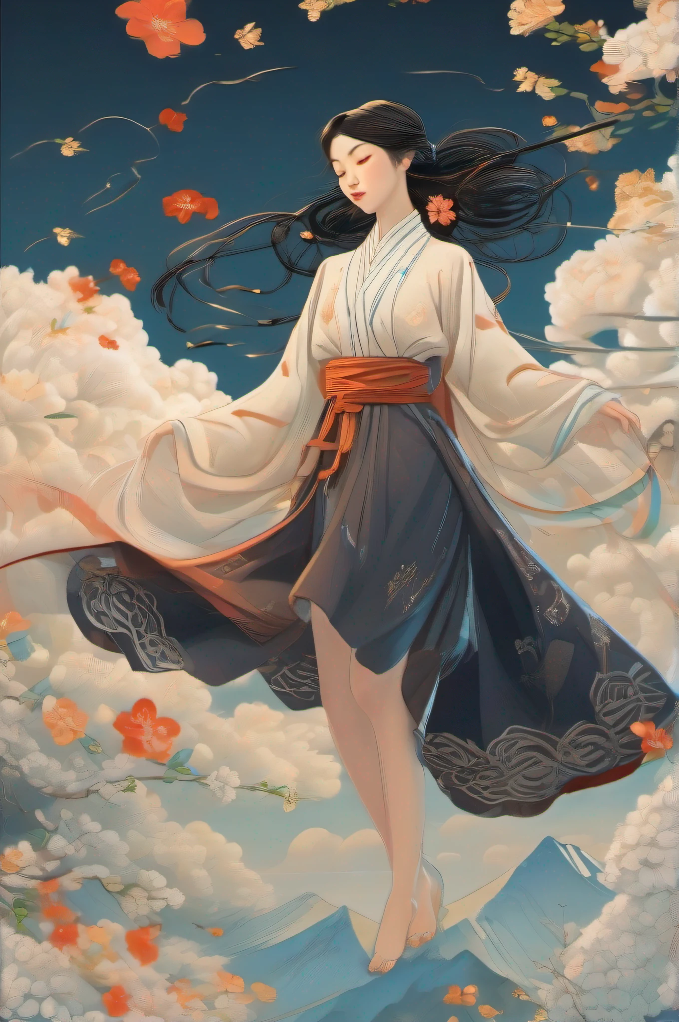 Chinese fairy,han fu,Flat hand holding white hibiscus,Empty。Wearing a skirt made of clouds,Drag to widen the ribbon,Fluttering lightly to heaven,flatillustration,Maximalism,matisse,China-style,victo ngai style,超高分辨率, hyper HD, Ultra HD pictures, High detail, hyper qualit, High resolution --AR 2:3 inch 400 - Niggie 5