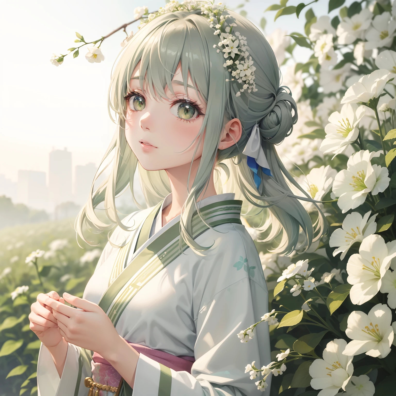 watercolor paiting(Beautifully Aesthetic:1.2)、(1girl in:1.3)、(Gray and green hair,:1.2)、natta、colourfull、starrysky、sacredness、White gypsophila flowers、White gypsophila is blooming、Fantastical、happily face、Wearing a green and white kimono、