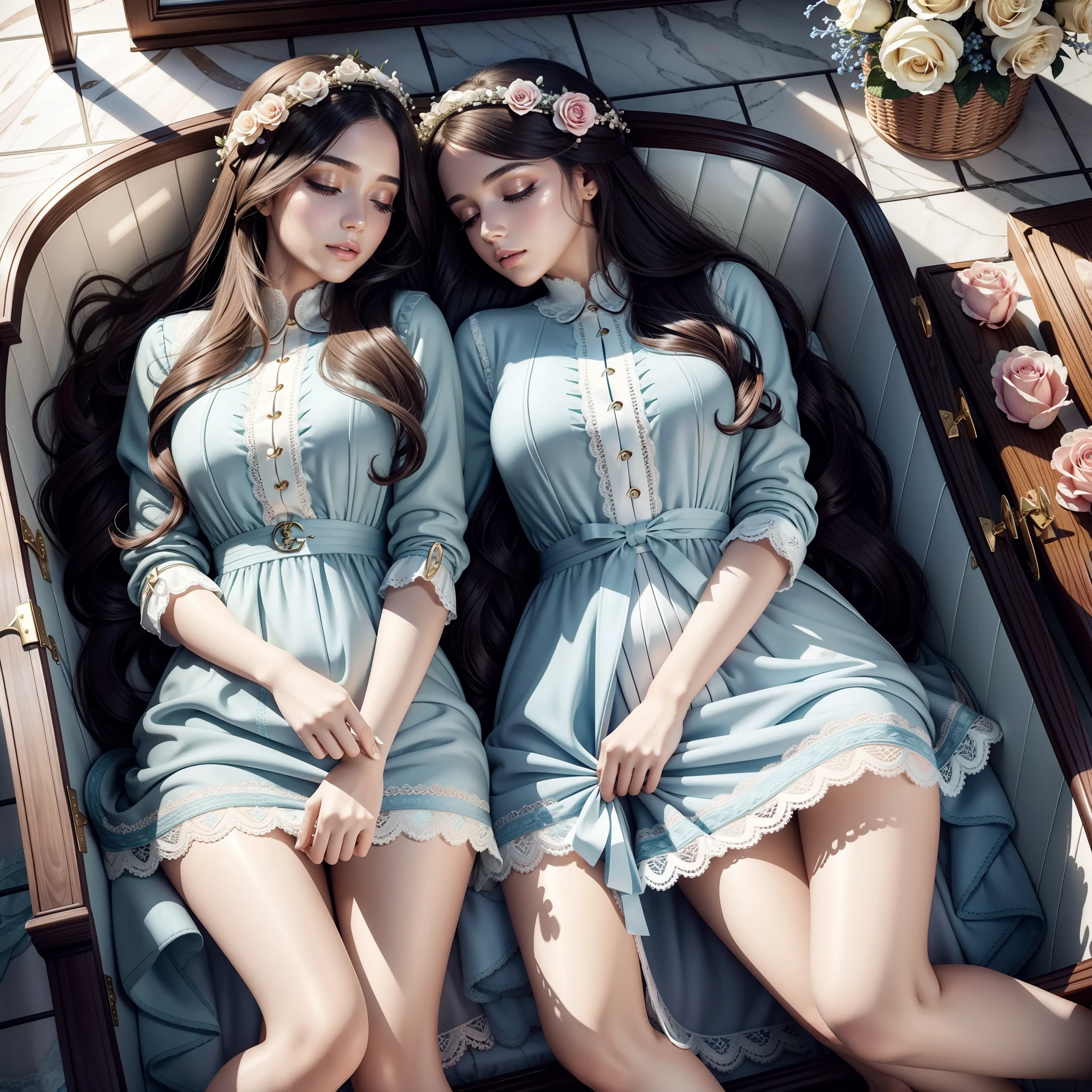 Sweaters,cparted lips,realisticlying,The upper part of the body,Holding a women's bag,carryng bag,louis vuitton,(masterpiece),(fidelity:1.3),Super meticulous,(highdetailskin:1.2) ,(best qualtiy:1.0),(超高分辨率:1.0),(ulzzang-6500:0.3),Wavy detailed hair,long whitr hair,rays of sunshine,(Beautiful detailed makeup),(Sexual arousal flushing and difficulty breathing:1.0),Flower theme flower petals scattered,(Soft light blooms:0.5)Beautiful twin sisters sleeping in a coffin,Mary Jane shoes,Real Human,Lace shirt,Sister light blue,Sister pink