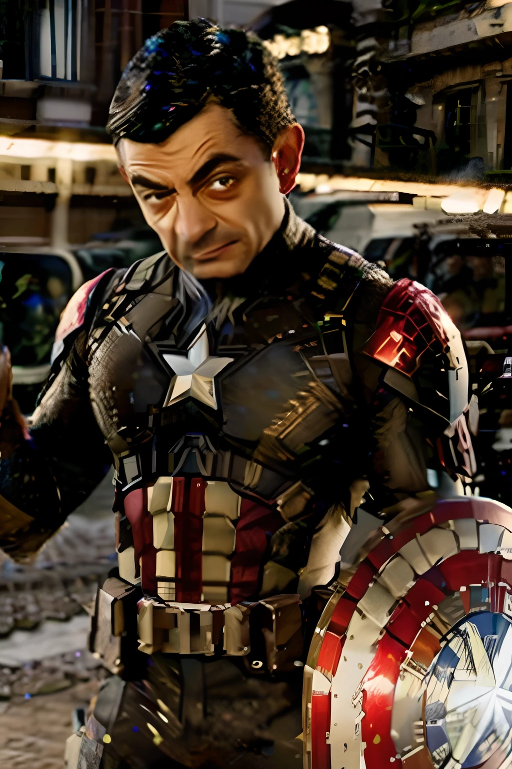 modelshoot style, muscular,rowan atkinson dressed as Captain America,no helmet,intricate details, lens flare, intricate detailed face, 4k, 8k, hdr, perfect face, ultra realistic, ultra graphic