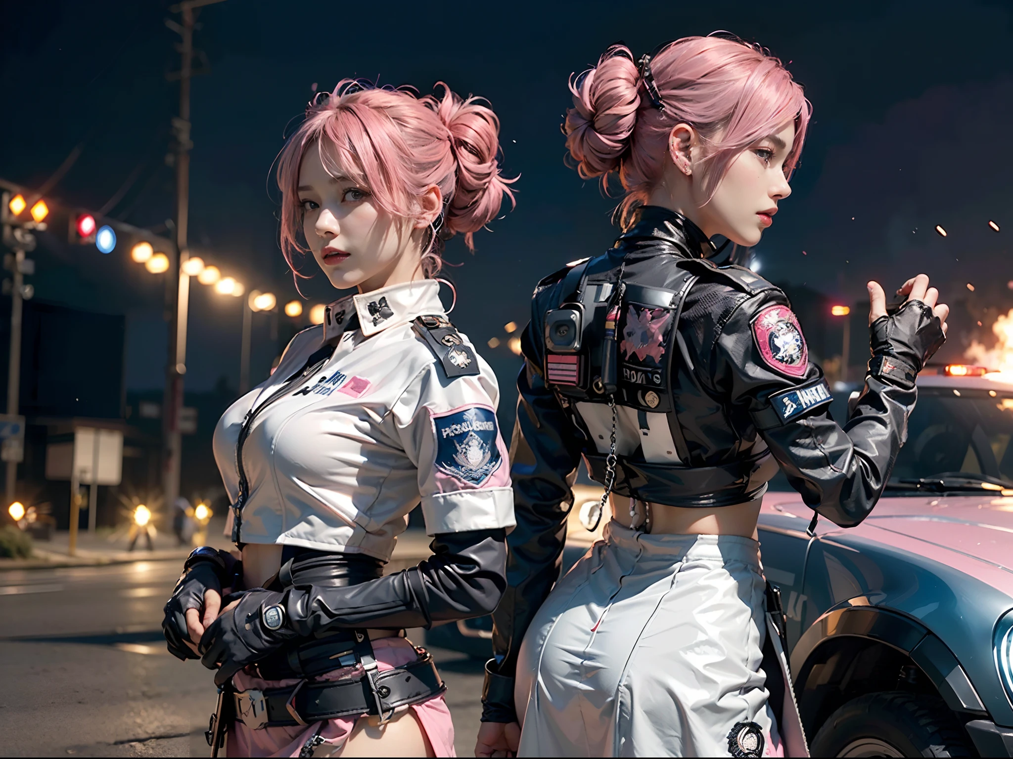 (Character design, multi angles), Top Quality, Ultra High Definition, (backlight), (Photorealistic: 1.4), (cowboy shot, from behind), 1 Beautiful Girl, (Kpop Idol), Detailed Face, (Pink updo Hair: 1.3),  Contrapposto, Smooth Skin, Perfect Anatomy, Professional Lighting, ((wearing Futuristic Police Racing Suits, mini body-conscious skirt, police wappen, High-tech Headset, military harness, racing gloves, carry machinegun on back)), ("POLICE", Cloths based on silver pink black white), (background, (Audience Coming close), crashed cars, fire, (Explosion)),