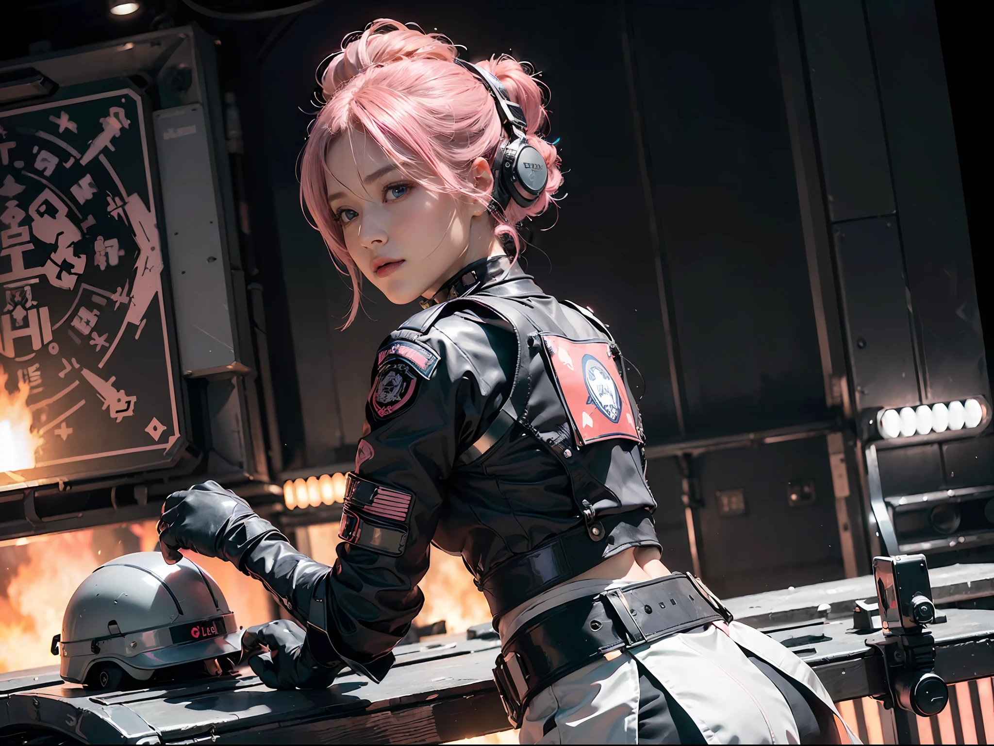 (Character design, multi angles), Top Quality, Ultra High Definition, (backlight), (Photorealistic: 1.4), (cowboy shot, from behind), 1 Beautiful Girl, (Kpop Idol), Detailed Face, (Pink updo Hair: 1.3), Contrapposto, Smooth Skin, Perfect Anatomy, Professional Lighting, ((wearing Futuristic Police Racing Suits, mini body-conscious skirt, police wappen, High-tech Headset, military harness, racing gloves, carry machinegun on back)), ("POLICE", Cloths based on silver pink black white), (background, (Audience Coming close), crashed cars, fire, (Explosion)),
