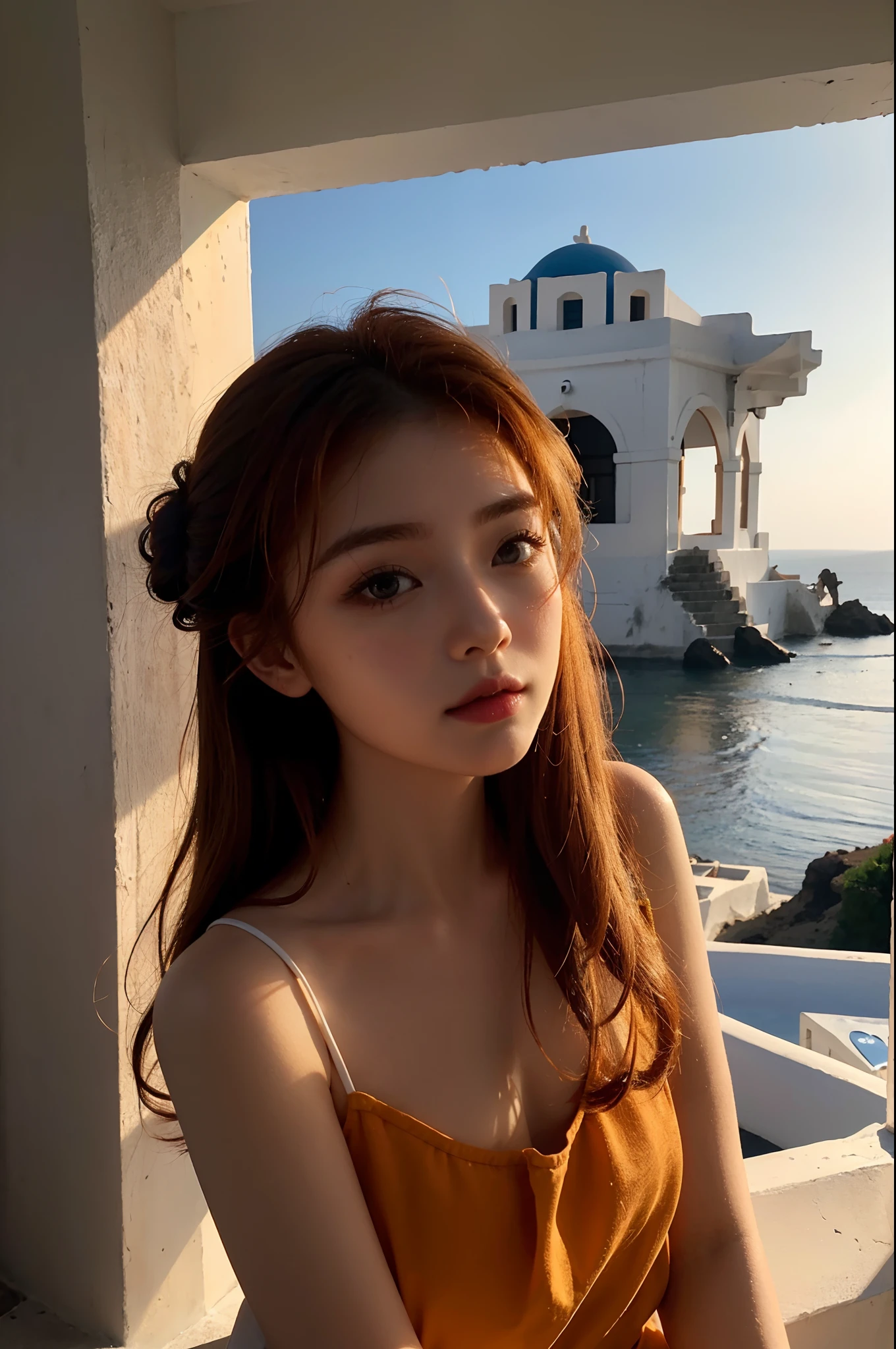A young and beautiful、Cute and charming girl,Comb your ginger hair in a ginger bun,Wear glamorous makeup,Watch the sunset in Santorini, Greece。looks into camera,bust,realisticlying,超高分辨率,camisole,