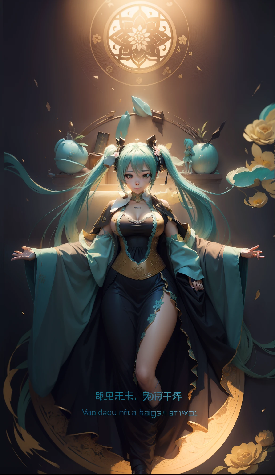 Big breasts Hatsune Miku，Paintings with great detail，Buddha dressed up，Dressed in a gorgeous cassock，A magnificent scene of the Daeungho Hall，Meticulous depiction。