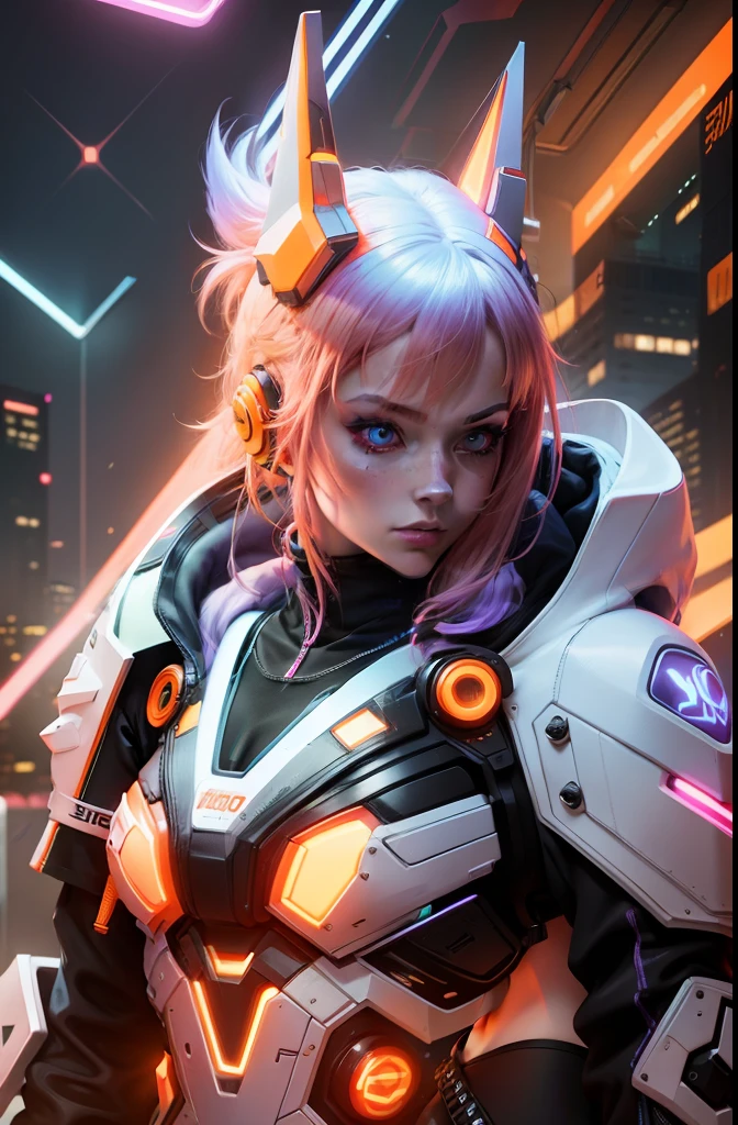 cyber punk perssonage, Neon body effect, PURPLE NEON MONITOR LIGHT, blue neon lights, Orange hair, Female, hoody,microphones