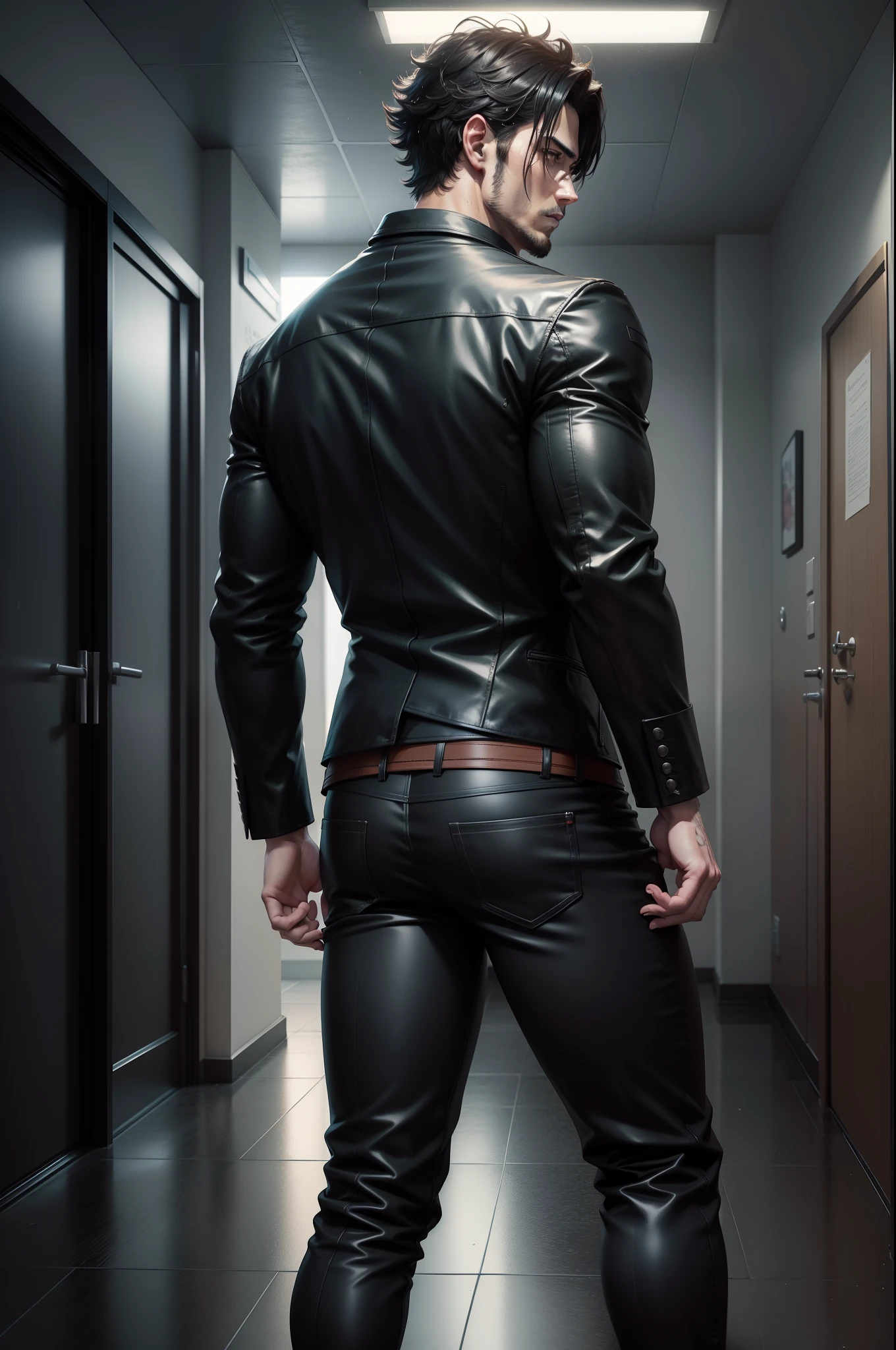 3D,Urban room,Heavy rain weather,Anime concept HDR anime McManus,anime handsome man,inspirado em Okumura Masanobu,handsome guy in demon killer art,anime realism style,Anime art wallpaper 4 K,Anime art wallpaper 4k dim light,The man shivered with his back to the camera