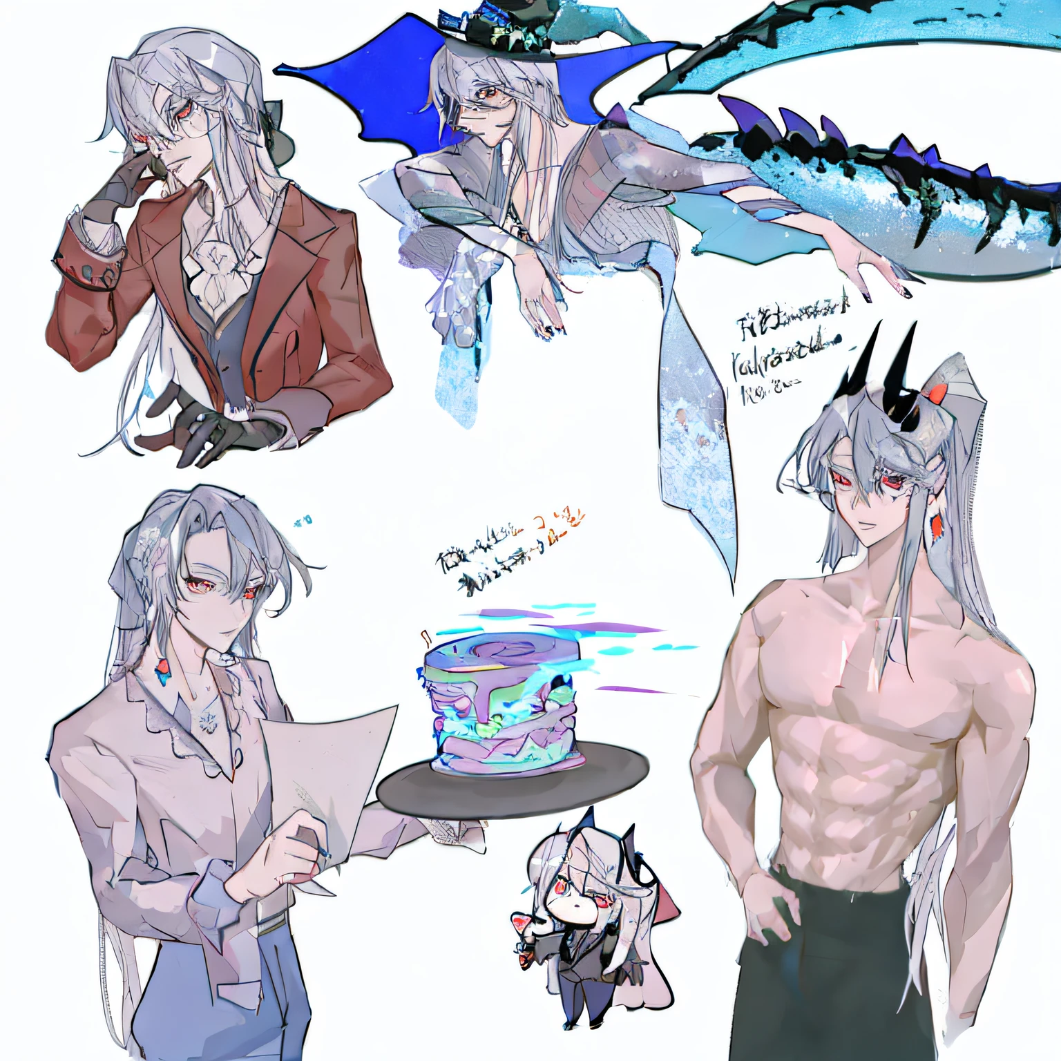 Sketch of a man in a hat and a man holding a cake, Detailed fanart, zerochan art, [ conceptual art ]!!, [ Character design ], 2 d anime style, human and dragon fusion, 2 d art, 2D art, at pixiv, zerochan, Pisif, he has dark grey hairs, Pisif style, hori + concept-art