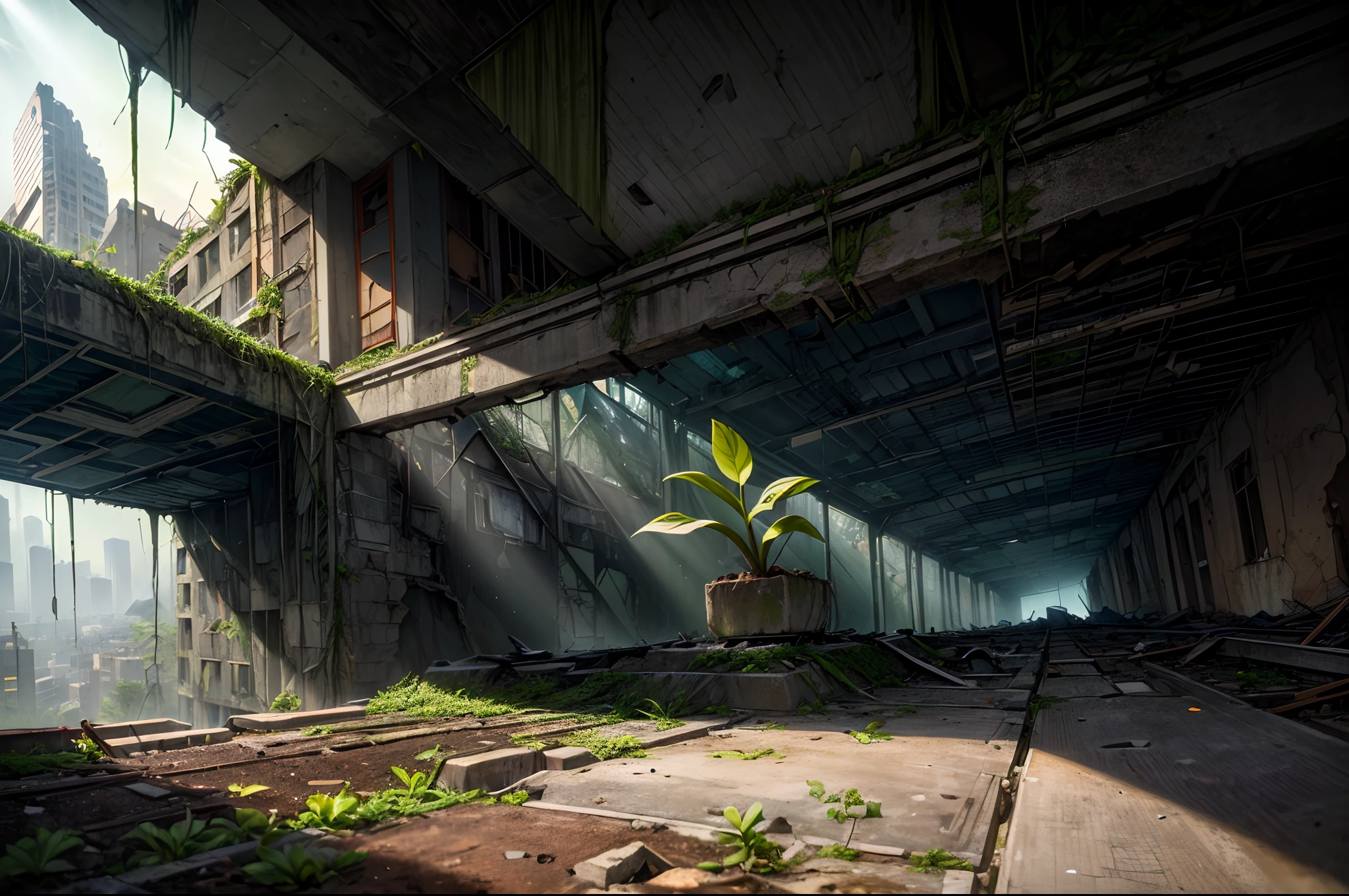 (masterpiece,relistic,post-apocalyptic [city:15]A young tender green sprout emerging from a crevice, illuminated by a top-down beam of warm yellow light, surrounded by cracked concrete ground and collapsed buildings. Top-down view of the delicate sprout, with derelict urban architecture visible in the background. Rays of hope penetrating the deathly silence of ruins.