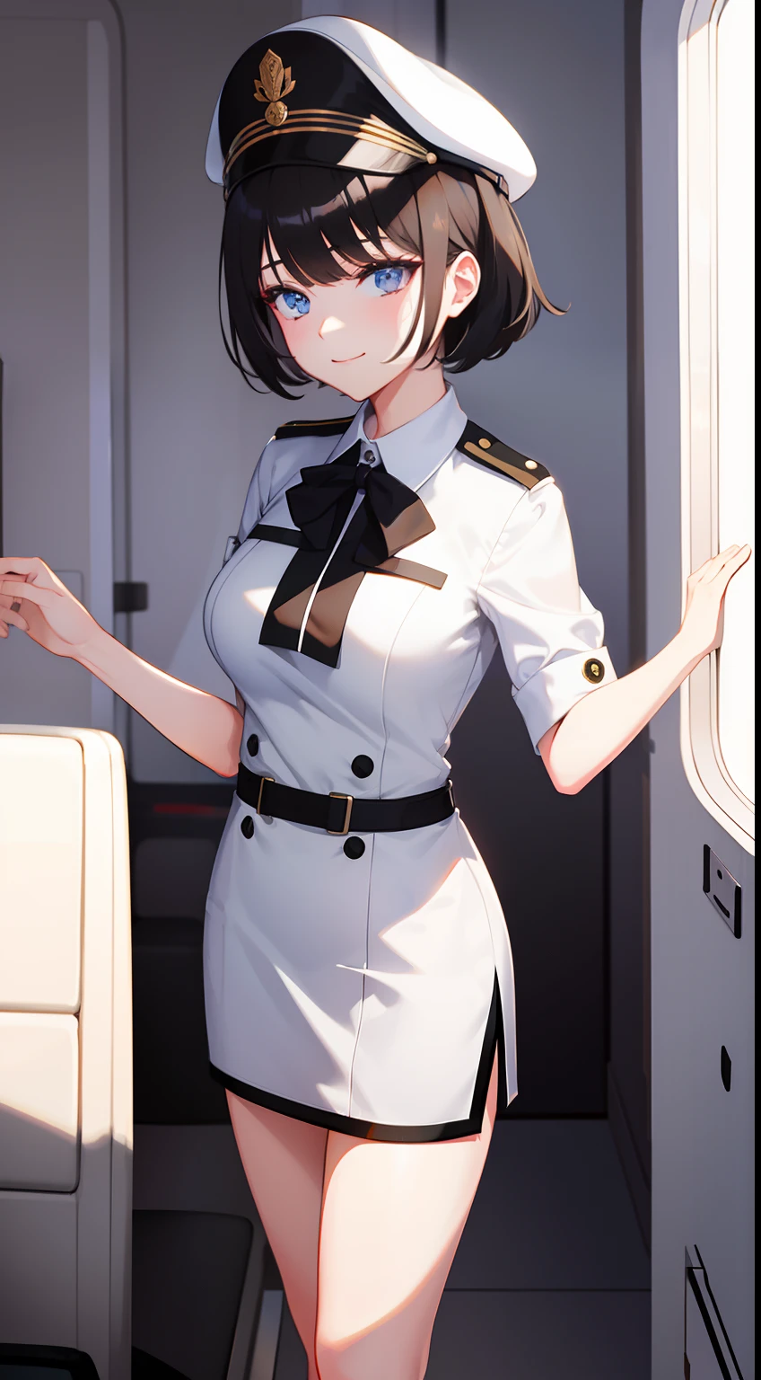 Guli Naza, hentail realism,1girll, 独奏, short detailed hair, mediuml breasts, (Split color hair, Black hair, Dark black hair: 1.3), Black colored eyes, ssmile, standing on your feet, dynamicposes, 8K, tmasterpiece, best qualtiy, Perfect flight attendant uniform, female hat,cinmatic lighting, cowboy lens, white clothes(flightattendantuniform:1.1), (kitchens、sobu:1.1),Street photography