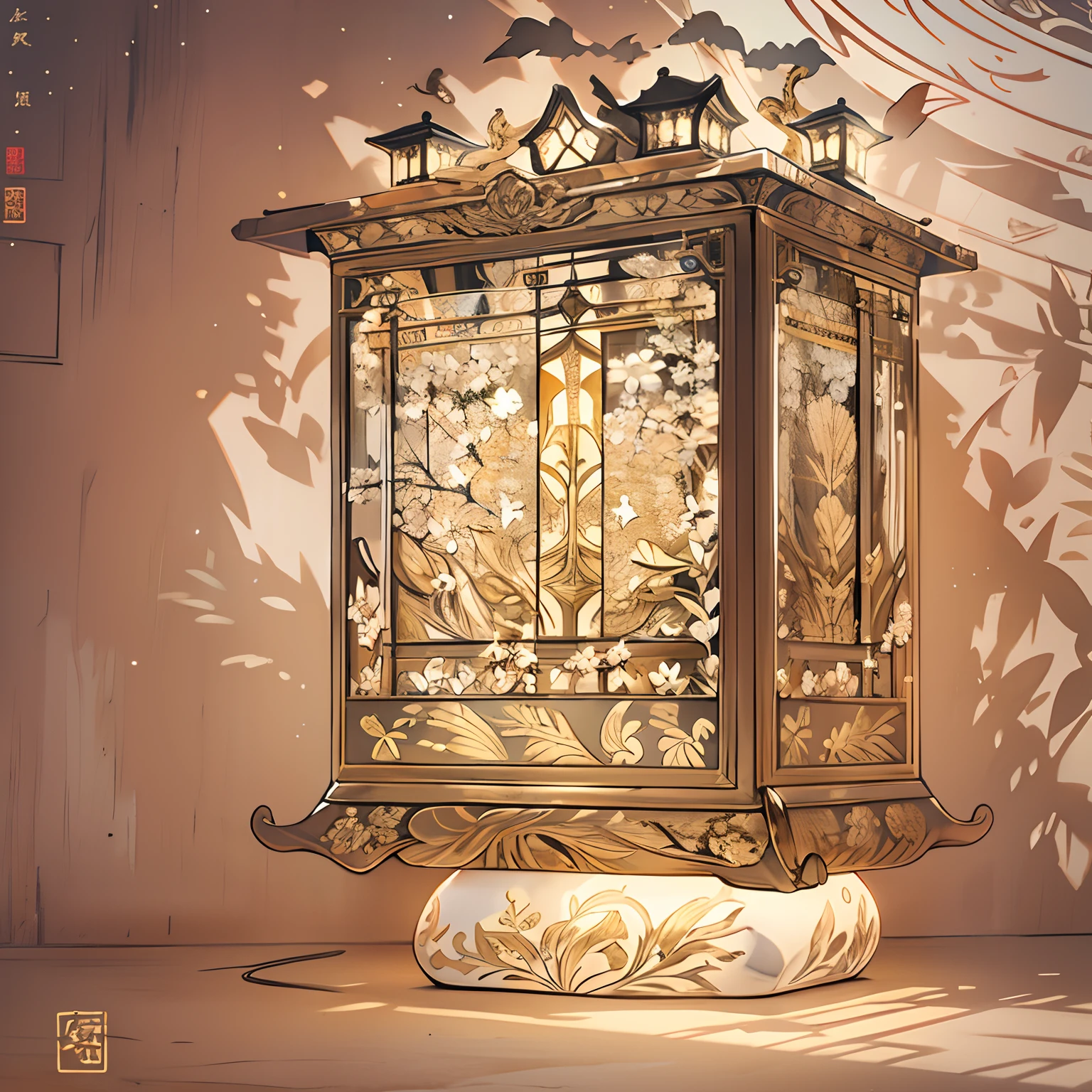 A palace lamp of lamp shadow beef made from a sugar rack,The surface of the lamp has a rich image pattern,The overall palace lamp is transparent,delicated,Beautiful ,in the style of the stars art group xing xing, 32K, Best quality, Masterpiece, Super detail, High details,