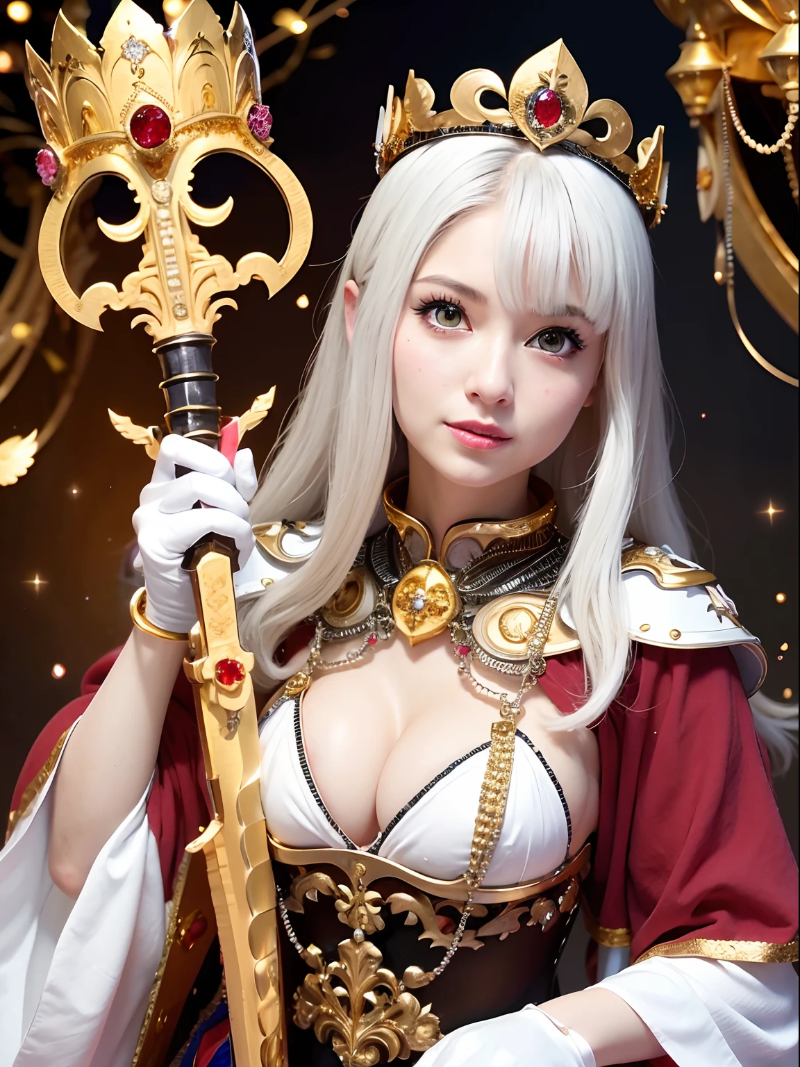 (masutepiece), Professional , masterpiece、top-quality、photos realistic , depth of fields (Gemstone Silver Metal Body:1.9),(Matte White、Jewel Gold Weapon(Jewel Metal Body:1.4),Gorgeous metal weapons , Detailed Sword of the Brave , Beautiful knife ,warhammer 40k , adepta sororitas,(Army of monsters background),Detail and ornate jewel crown、Black hair、Gangle's forest background、Beautiful Caucasian beauty、1a person、dynamic ungle,(((Detailed and ornate diamond crown)))、Smaller head、A smile、Take a sexy pose、Background inside the castle、Thin and beautiful female hands、Old ancient ruins、A smile、cleavage of the breast、