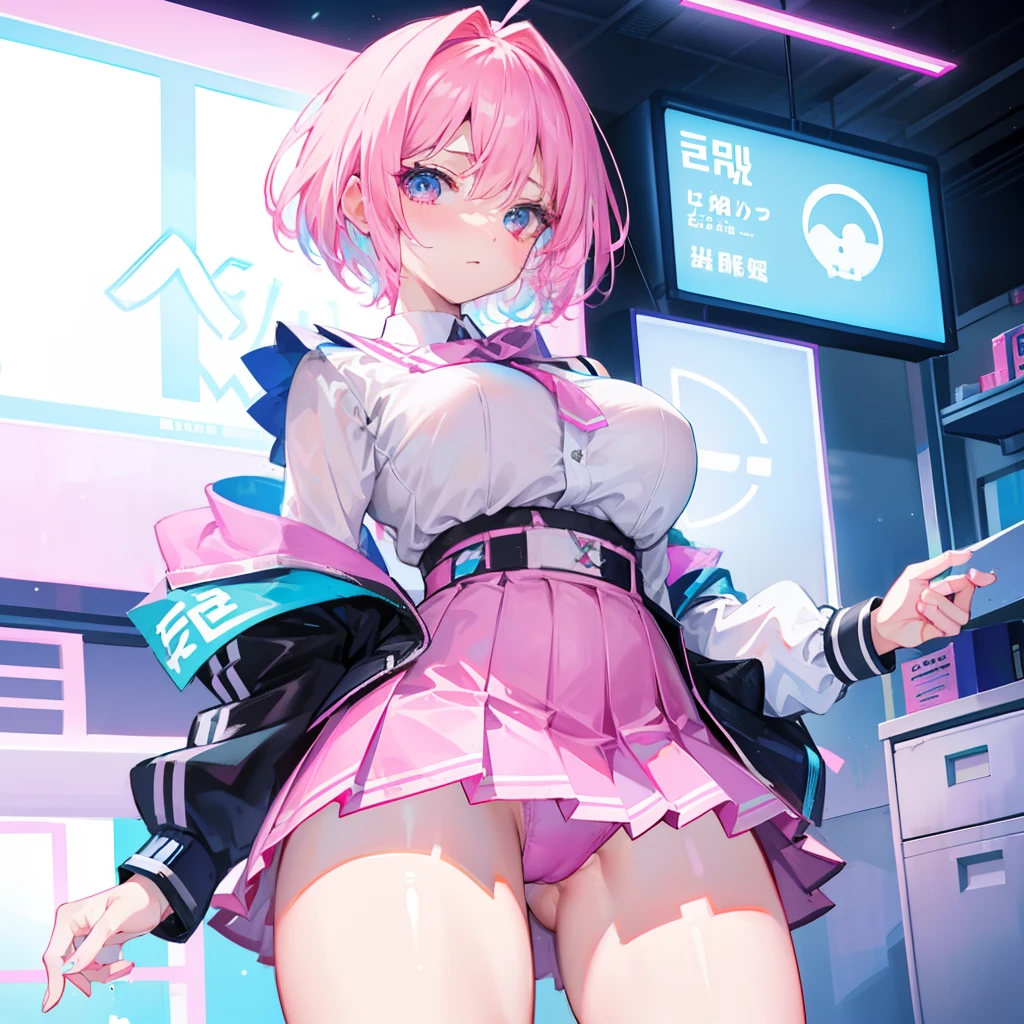 Short hair with a pink gradient blue glowing with fluorescence,Breast enlargement and thin waist are very sexy,Wearing a Korean high school uniform for female high school students and a pleated skirt, she is fluorescent,Clothes are not exposed,This is a cute, cute, lively and lively beautiful girl