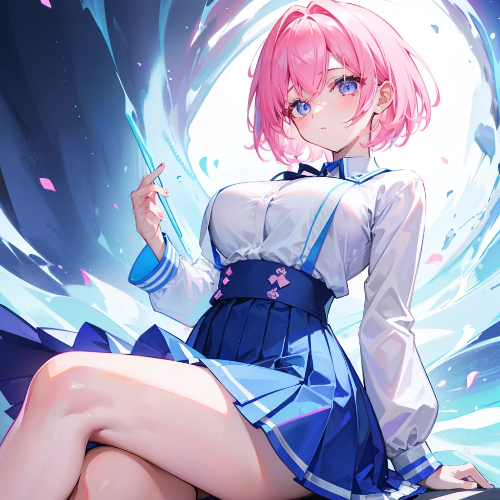 Short hair with a pink gradient blue glowing with fluorescence,Breast enlargement and thin waist are very sexy,Wearing a Korean high school uniform for female high school students and a pleated skirt, she is fluorescent,Clothes are not exposed,This is a cute, cute, lively and lively beautiful girl