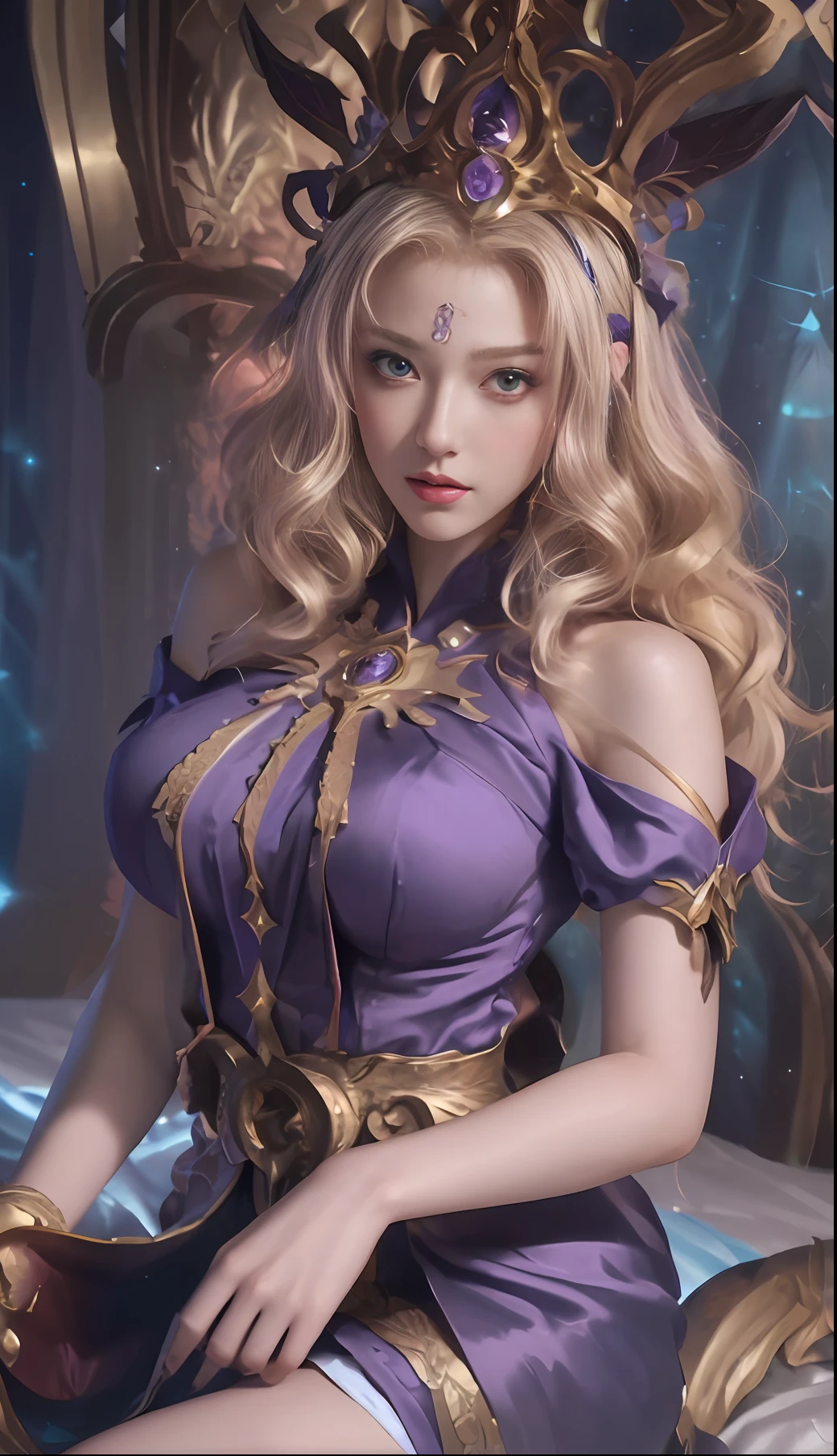 a close up of a woman in a purple dress sitting on a bed, extremely detailed artgerm, portrait knights of zodiac girl, beautiful celestial mage, fantasy art style, ig model | artgerm, beautiful and elegant elf queen, wlop and artgerm, artgerm and wlop, style of artgerm, artgerm. high detail