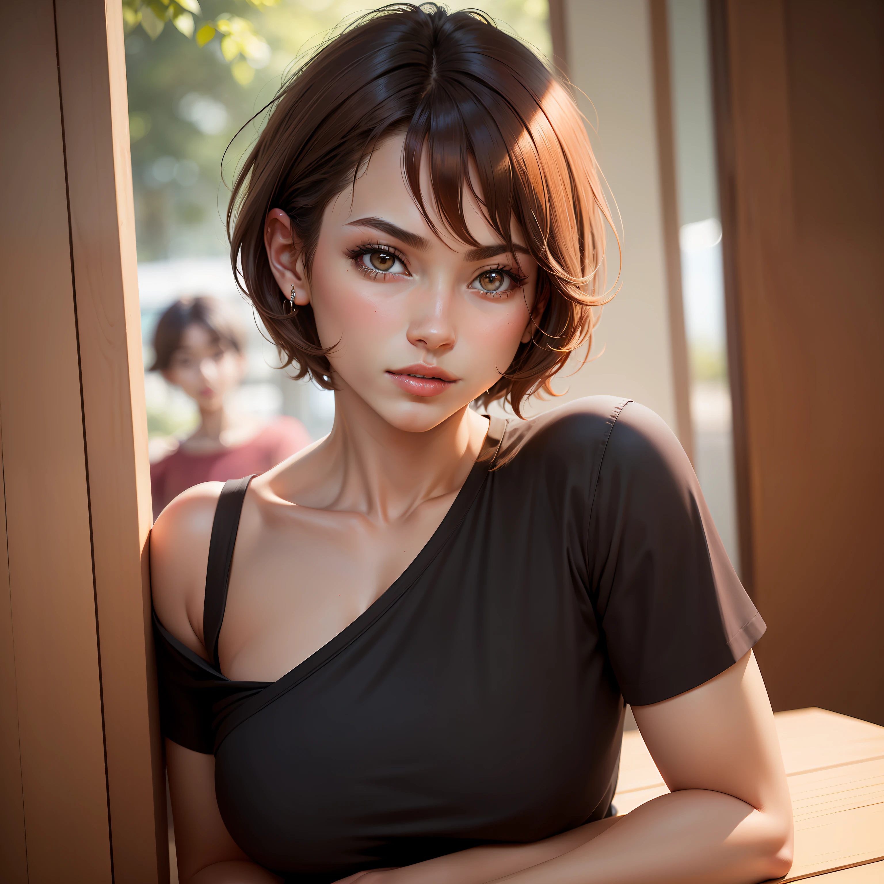 femele、cool、Brown hair、short-hair、Eye of the cut、Lips thin、Nasal muscle passes、BLACK pink、Jeni、age 30s、Lips orange、Teak orange、de pele branca、A hyper-realistic、Model body type、Smooth hair、1人、neck long、Simple coordination