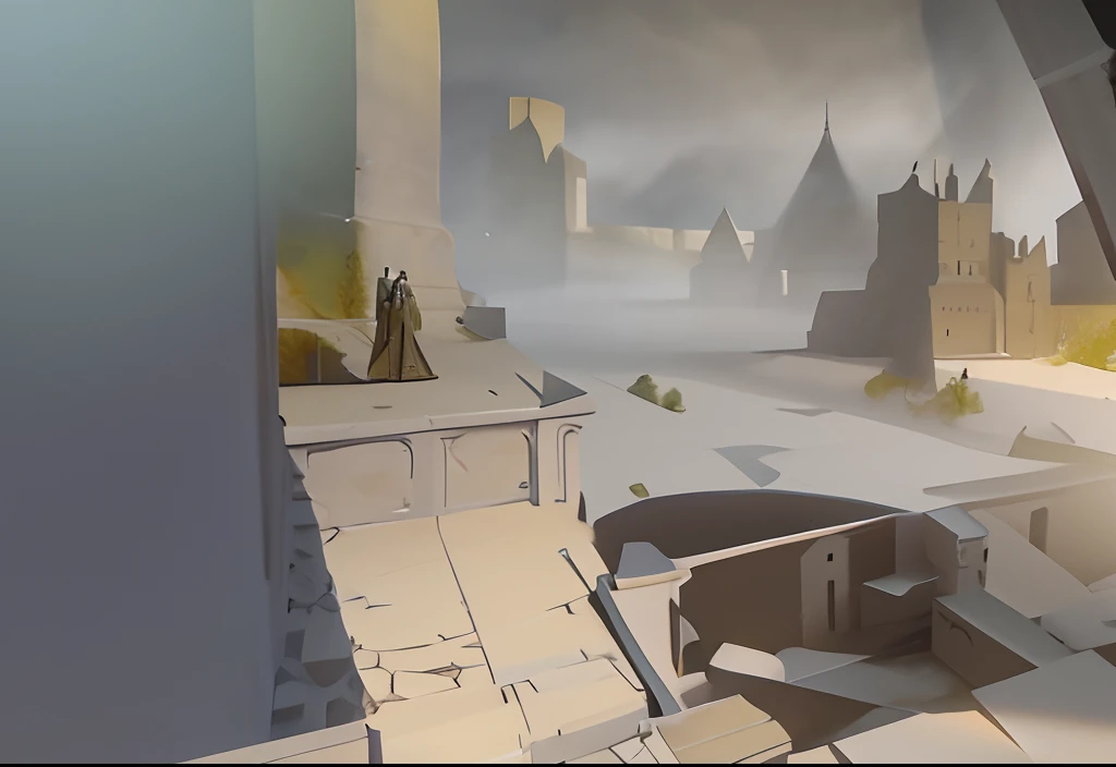 There is a picture of a medieval castle,Overlooking, low details. Digital painting, abstract environment, composition study, lighting study, sunlight study, light study, environment design, detail render, environment painting, color study, Concept illustration, environment concept, concept-art, Concept painting, environment design illustration, afternoon lighting, rendered in pov - ray, concept art scene