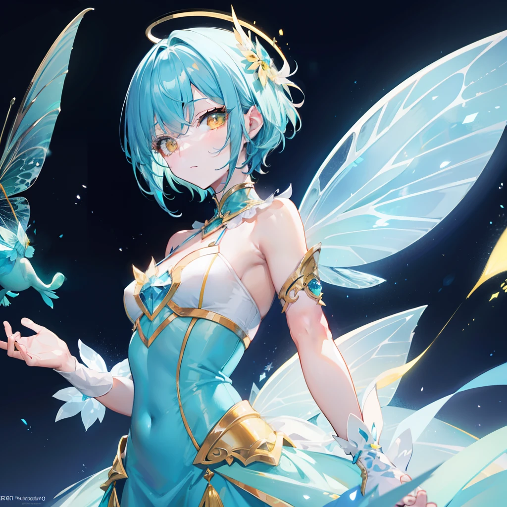 Cooler background,Shiny bluish yellow curved short hair,Big yellow eyes,Wearing a clear cyan with light yellow fairy costume,The fairy air is fluttering with a feeling of glow,Like a fairy