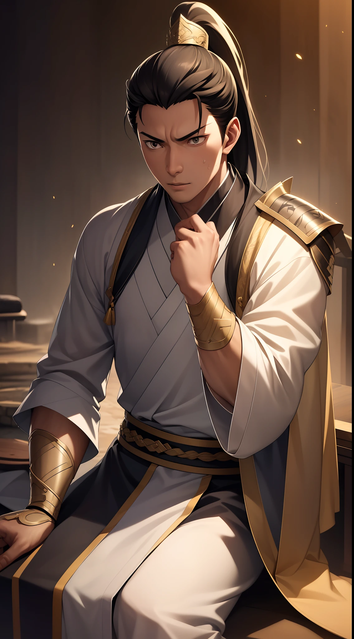quadratic element,style of anime,mtu(Male Warrior),The proportions are correct,Face details,swordsmen,High ponytail hairstyle,Neck details,There is an Adam's apple,Black Hanfu,kaftan,black toga,clothes details,Handing over,longer sleeves,Game quality,Swordsmanship,Light and shadow tracking,Ray traching,detailed glow,cg render,hair detail,cabelos preto e longos,Black ㇏ eyes,Handsome,Handsome,(juvenile sense),Clothing is complicated,Perfectcomposition,Refinement,high qulity,higher details,Lots of details,The background is complex,a sense of atmosphere,