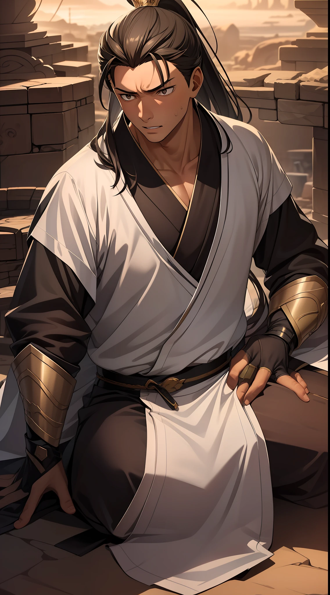 quadratic element，style of anime，mtu（Male Warrior），The proportions are correct，Face details，swordsmen，High ponytail hairstyle，Neck details，There is an Adam's apple，Black Hanfu，kaftan，black toga，clothes details，Handing over，longer sleeves，Game quality，Swordsmanship，Light and shadow tracking，Ray traching，detailed glow，cg render，hair detail，cabelos preto e longos，Black ㇏ eyes，Handsome，Handsome，（juvenile sense），Clothing is complicated，Perfectcomposition，Refinement，high qulity，higher details，Lots of details，The background is complex，a sense of atmosphere，