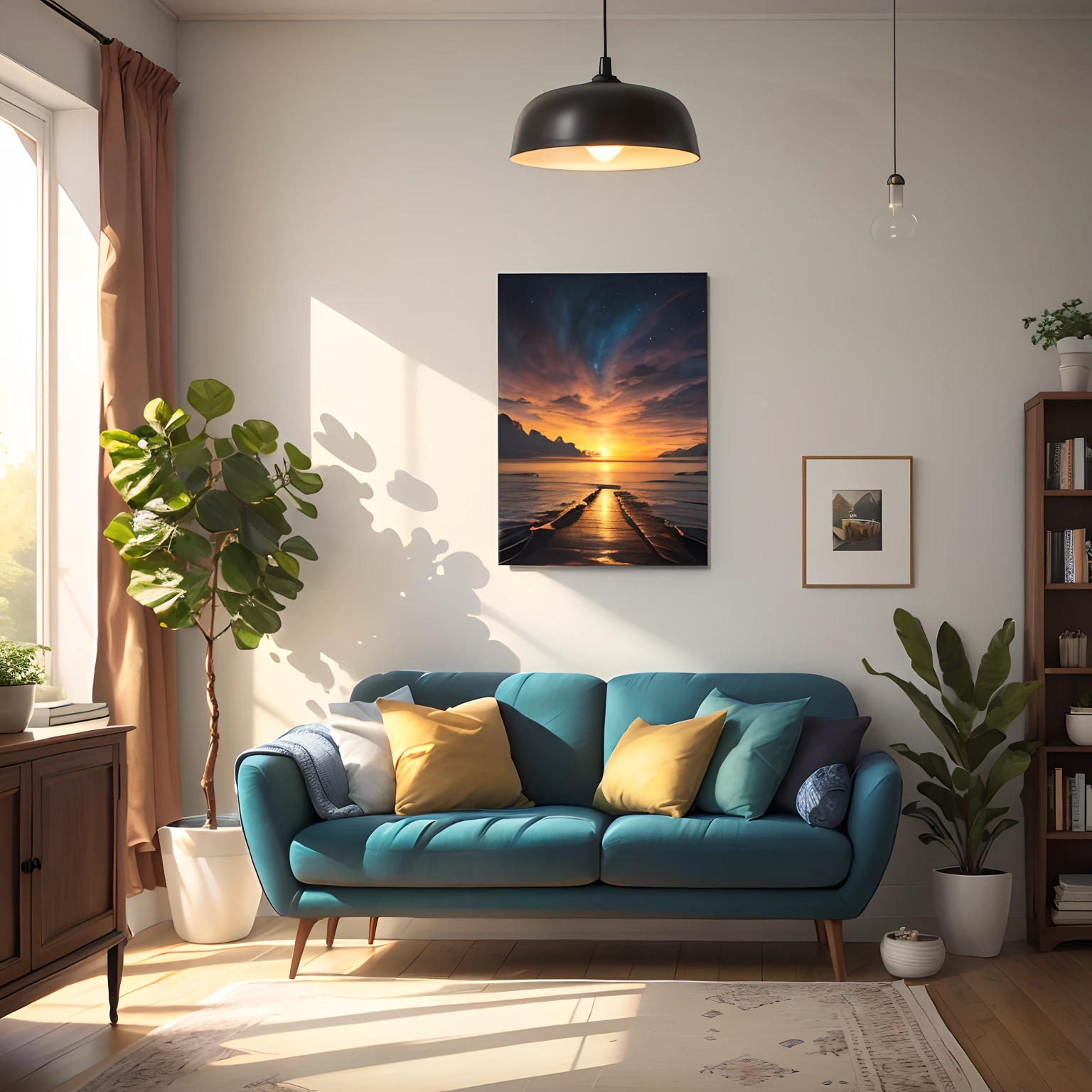 Living room mockup for wall art, realistic, bright.