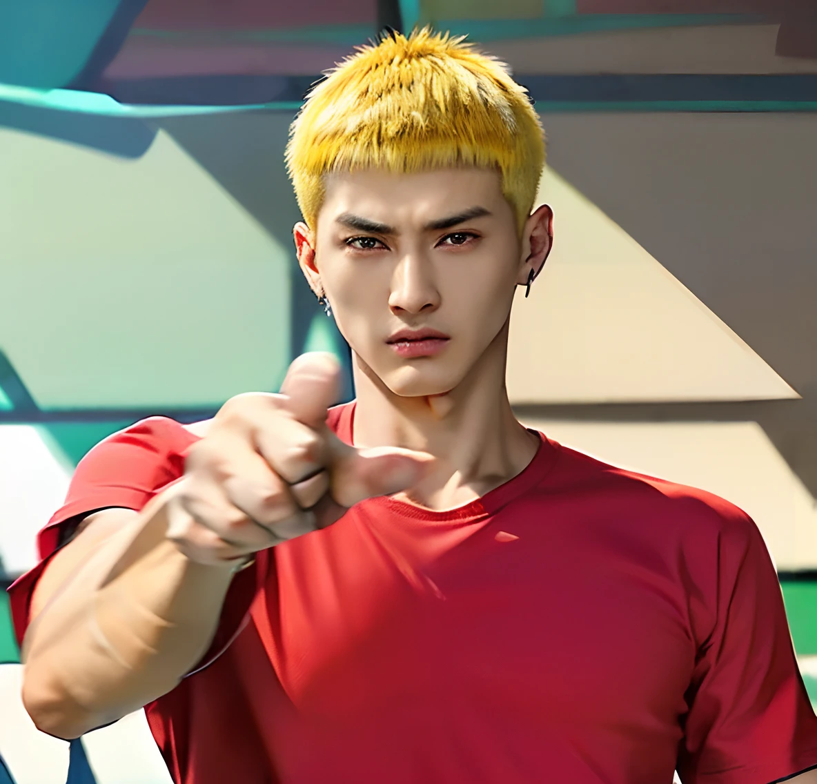 realistic Male , photorealistic, (wearing a red T-shirt), detailed eyes, detailed face, 4K, (( Japanese male 25 year old:1.3)), ((yellow buzz cut hair :1.4)), (pointing finger forward:1.5), (gazing at the camera) ,( classroom context :1.5) , ((look lịike gentle, student)) , (wearing earrings) ,