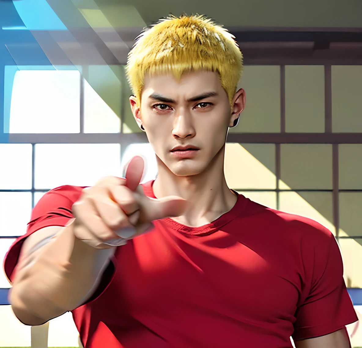 realistic Male , photorealistic, (wearing a red T-shirt), detailed eyes, detailed face, 4K, (( Japanese male 28 year old:1.3)), ((yellow buzz cut hair :1.3)), (pointing finger forward:1.5), (gazing at the camera) ,( classroom context :1.5) , ((look lịike gentle, student))