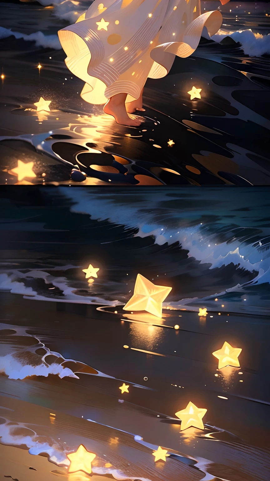 (((Masterpiece: 1.2, Realistic: 1.37, Ultra-high resolution))), beachside，the night，Wallpapers，Rose petals everywhere, High contrast, Dynamic, Soft focus, stars, Starry sky, Sea,high qulity，highest  quality
