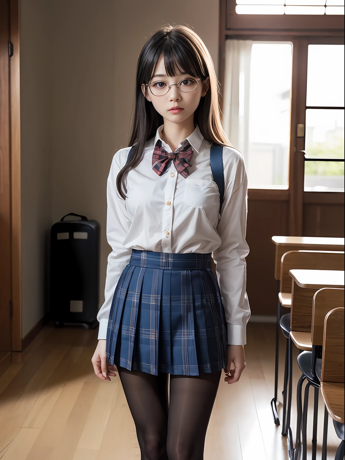 (An ultra-high picture quality:1.5、ultra-quality:1.5、Photographic:1.3)、(I see underwear)、((Narrow-eyed))、((Narrow-eyed))、((Narrow-eyed))、(8K、Raw photography、top-quality、masterpiece:1.2),、Has a small、(flat breast)、(flat breast)、(flat breast)、(flat breast)、(flat breast)、(being thin)、light skinned、skin whitening、Dark look、Rasping,glamor,Chromo-white skin,cocky,School,watching at viewers,Looking at the front,Muchimuchi,High-pitched clothing,Erotic,Pupils,de pele branca,kne,((Black pantyhose)),absurderes,a small face,,Forehead visible,Bangs hanging from the left and right sides of the forehead,(a cold expression,Tight eyes,glares,Bullish,irate)、masterpiece,top-quality、超A high resolution,Raw photo,ren,Beautiful fece,One Person, 独奏,eye glass,,Dark look,Small breasts,fullllbody,Round glasses,JK school uniform,hi-school girl,A Japanese Lady, Standing,(Photorealsitic:1.37)、Photon mapping,Realistic、Beautie,Cute little face,Brown-eyed、Black socks、(Red bow tie)、Radio City、Physically Based Rendering、depth of field rally background、a picture,Body,beauty legs, Long legs, Thin leg,(Bangs are visible), hair, s lips, Blue_The eye, nosesoft,(Light blue shirt), (Navy and blue and white plaid pleated skirt), Knees are visible,Sheer clothing,, Thigh, Black cotton socks,Nogizaka Idol, , Japanese ido