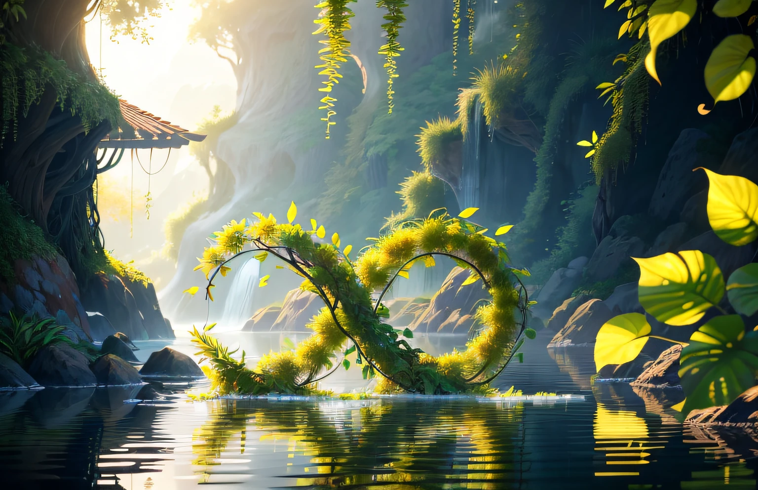 logo,There is a plant that is growing out of the water, twisting leaves, Organic 8K art photography, draped with water and spines, plant photography, vertical wallpaper, golden organic structures, soft organic abstraction, flying leaves on backround, macro photography 8k, magical leafs falling, Floating kelp, lily petals, wind blowing leaves, beautiful natural forms
