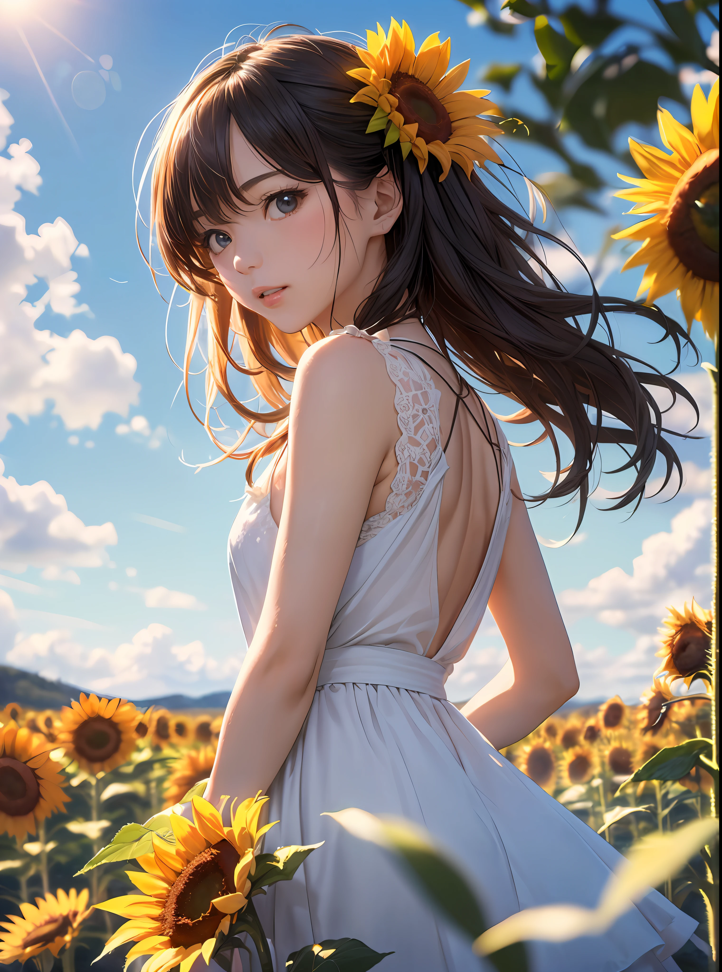 (beste-Qualit、in 8K、32K、masterpiece、RHG:1.3)、(a photorealistic:1.4)、Photo of Pretty Japanese woman,Small hair ornament、actionpose、Sleeveless white summer dress, sunflowers fields、Sun glare,depth of fields,blurry backround,lensflare,Sunflower background、blue-sky