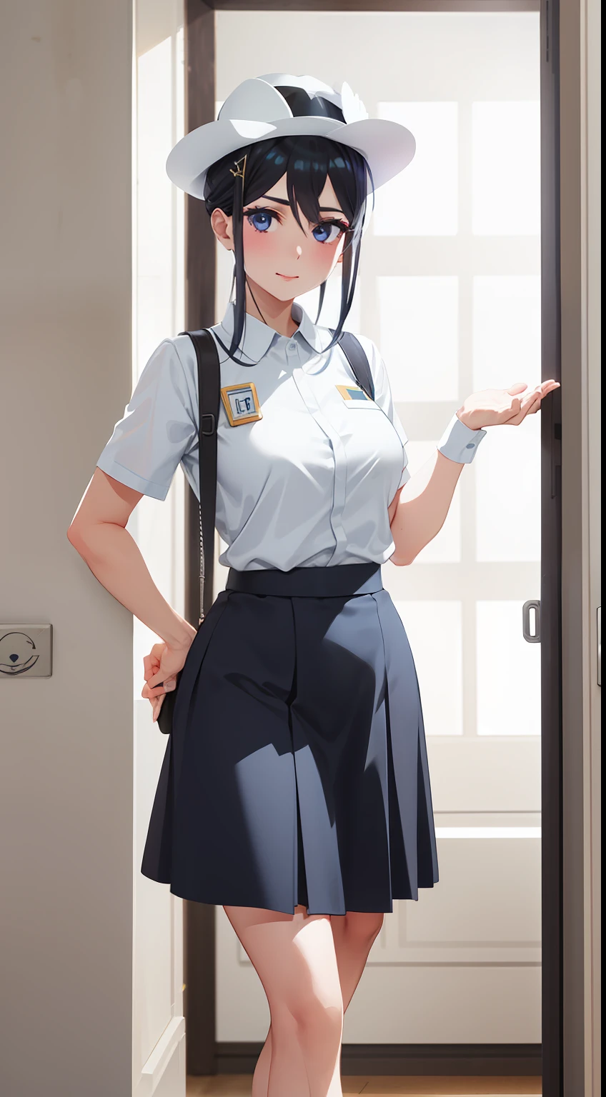 Guli Naza， hentail realism，1girll， 独奏， short detailed hair， mediuml breasts， （Split color hair， Black hair， Dark black hair： 1.3）， Black colored eyes， ssmile， standing on your feet， dynamicposes， 8K， tmasterpiece， best qualtiy， Perfect flight attendant uniform， Female hat，cinmatic lighting， cowboy lens， white  clothes（flightattendantuniform：1.1）， （kitchens、sobu：1.1），Street photography