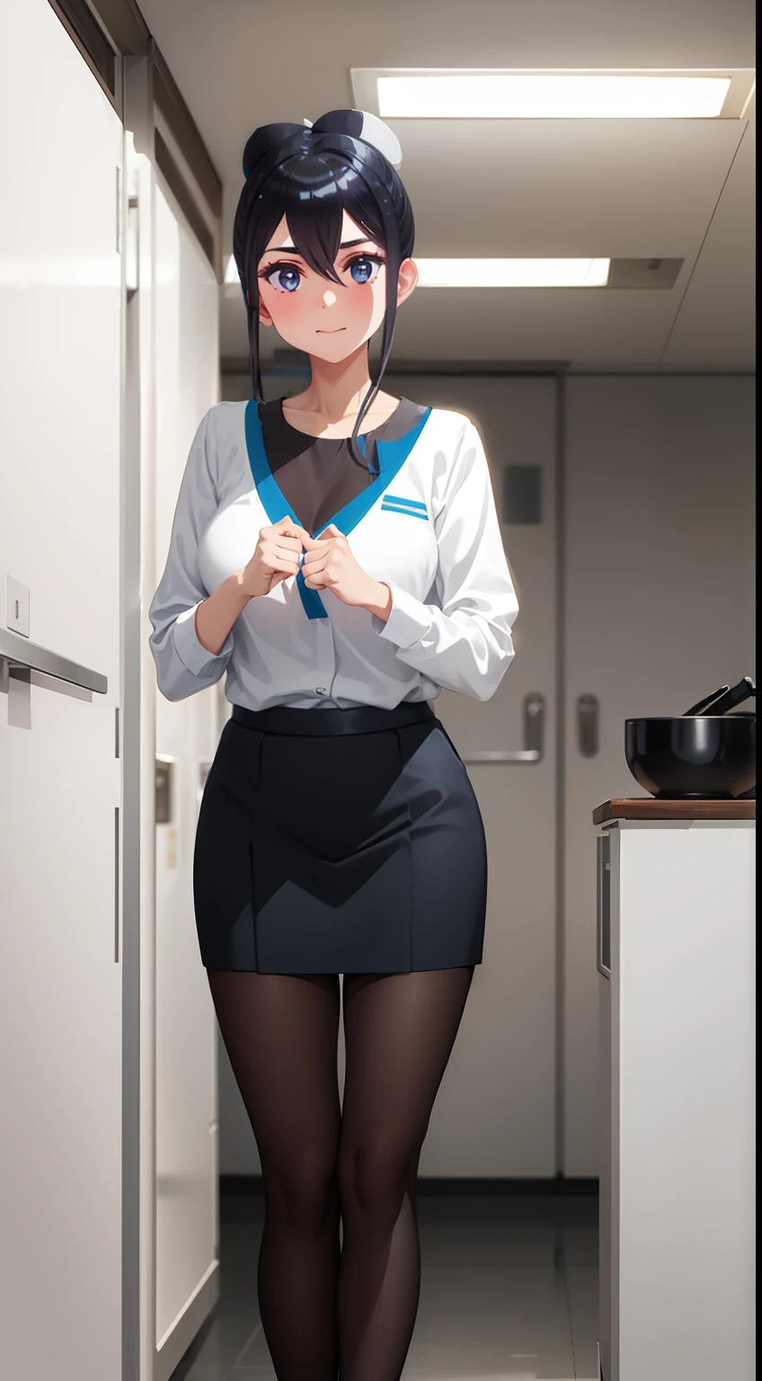 Guli Naza， hentail realism，1girll， 独奏， short detailed hair， mediuml breasts， （Split color hair， Black hair， Dark black hair： 1.3）， Black colored eyes， ssmile， standing on your feet， dynamicposes， 8K， tmasterpiece， best qualtiy， Perfect flight attendant uniform， Female hat，cinmatic lighting， cowboy lens， white  clothes（flightattendantuniform：1.1）， （kitchens、sobu：1.1），Street photography