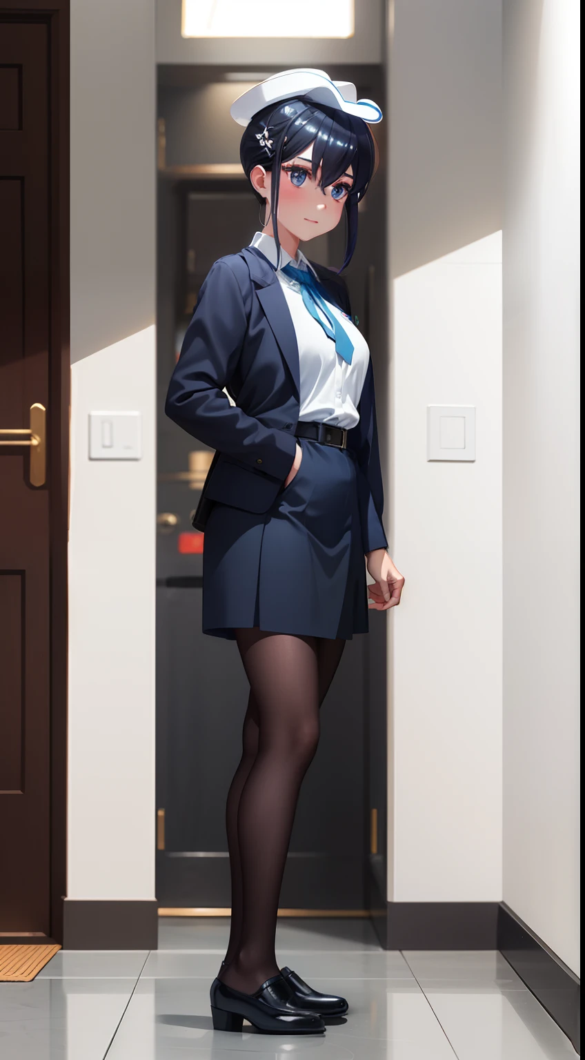 Guli Naza， hentail realism，1girll， 独奏， short detailed hair， mediuml breasts， （Split color hair， Black hair， Dark black hair： 1.3）， Black colored eyes， ssmile， standing on your feet， dynamicposes， 8K， tmasterpiece， best qualtiy， Perfect flight attendant uniform， Female hat，cinmatic lighting， cowboy lens， white  clothes（flightattendantuniform：1.1）， （kitchens、sobu：1.1），Street photography